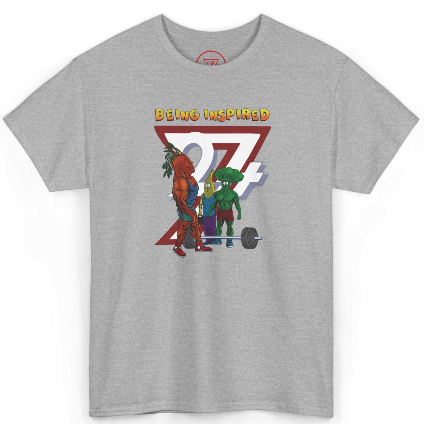 Front view of an athletic sport grey comic style fitness shirt highlighting the goofy vegetable weightlifting art, laid flat.