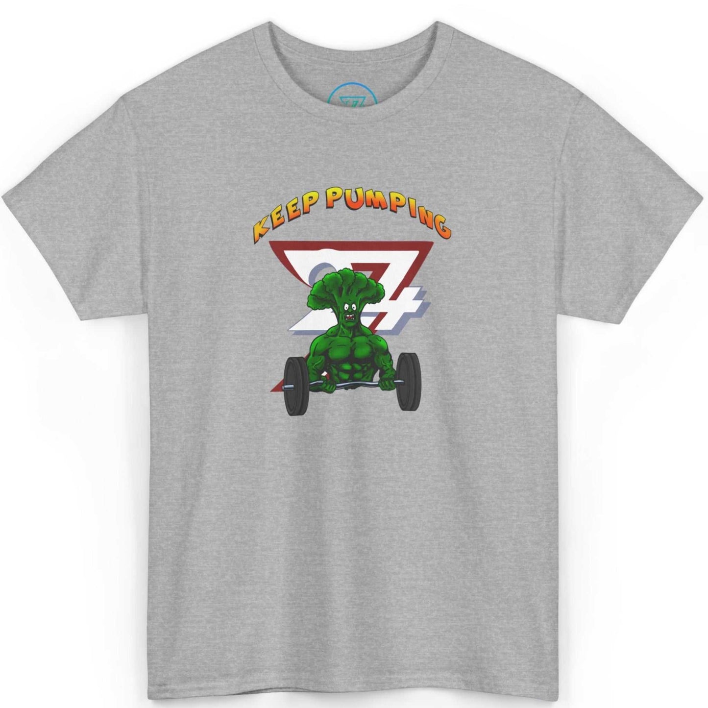 Front view of an athletic sport grey comic style fitness tee displaying the original Leonando comic character, shown on a clean background.