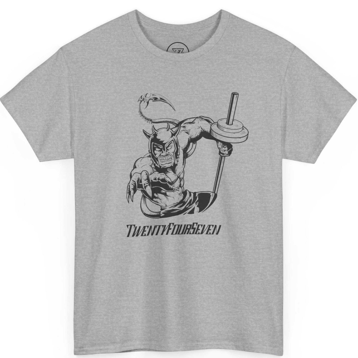 Front view of a sport grey comic style gym tee featuring the dynamic front graphic, shown on a clean background.