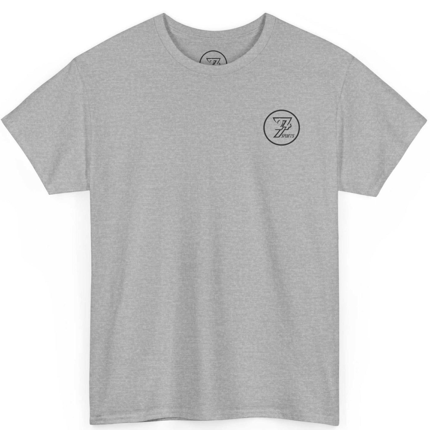 Front view of a sport grey comic style workout shirt displaying the minimalist chest emblem, shown on a clean background.
