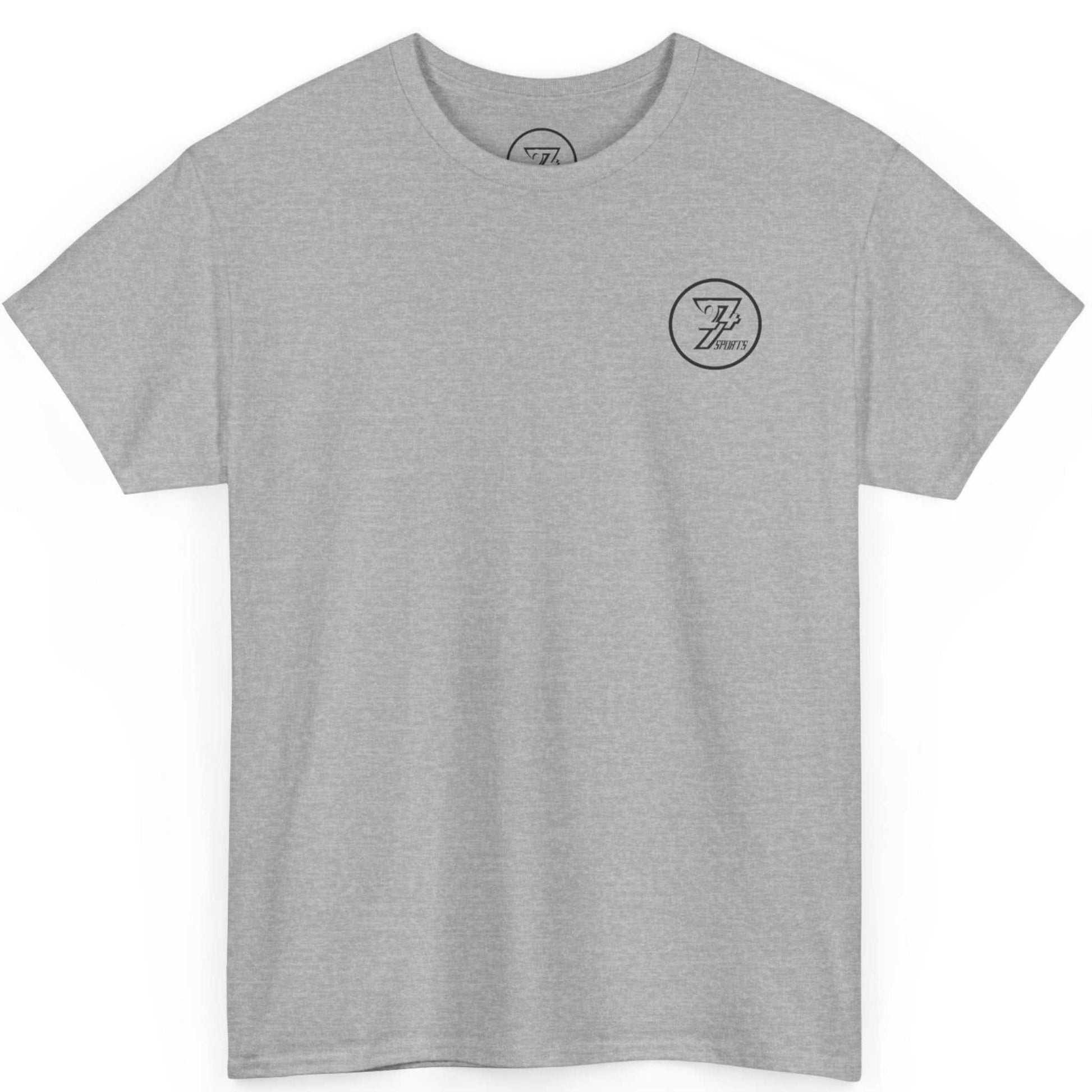 Front view of a sport grey comic style workout shirt displaying the minimalist chest emblem, shown on a clean background.