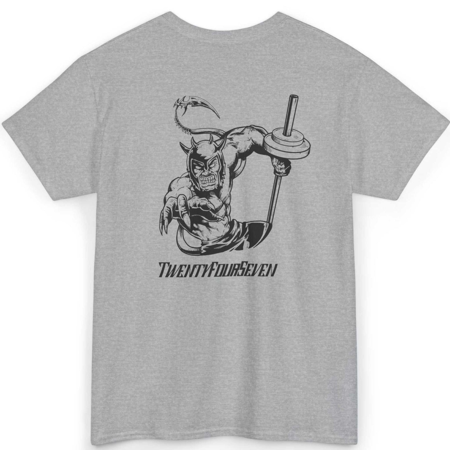 Back view of an athletic sport grey fantasy lifting t-shirt highlighting the underground comic panel design, shown on a clean background.