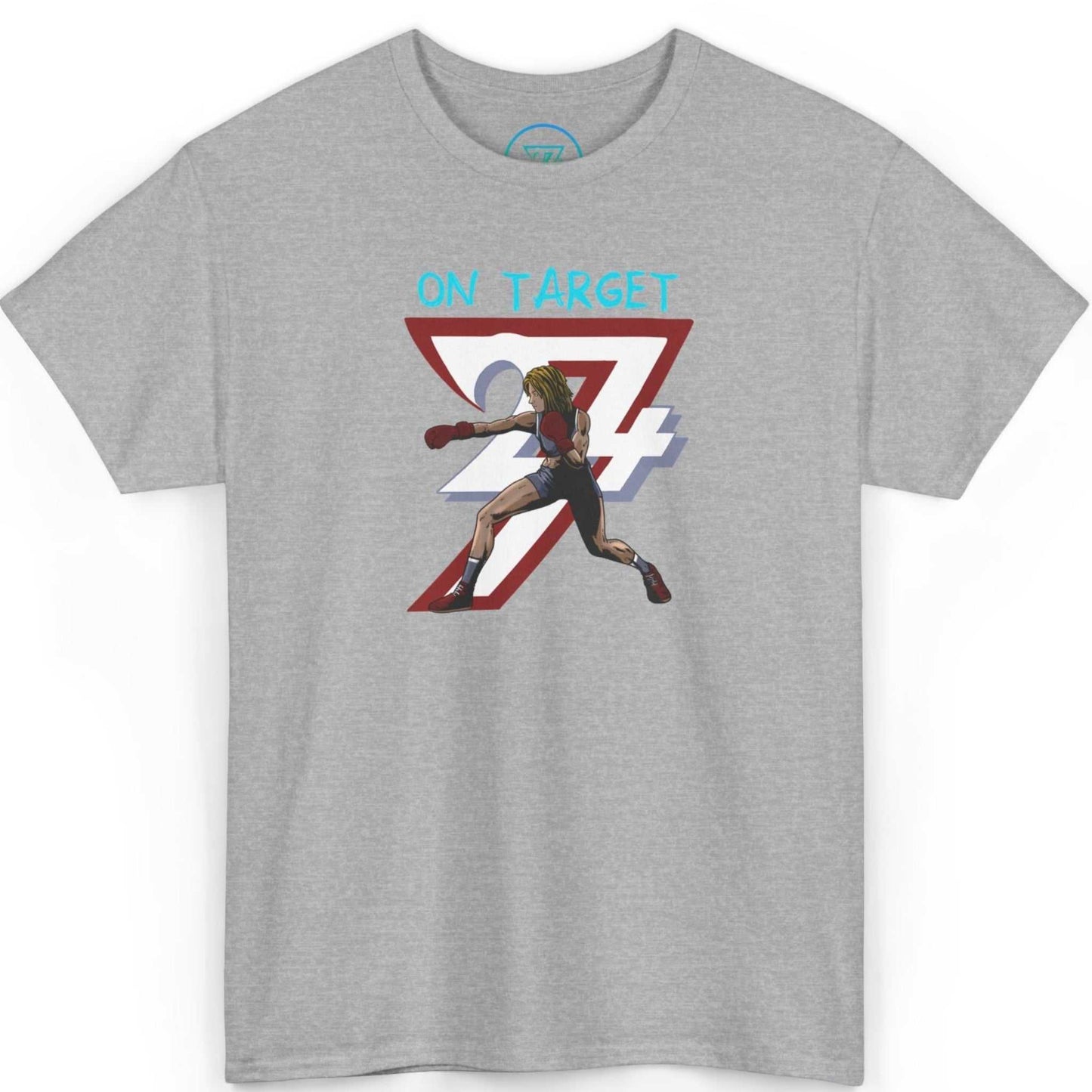 Front view of a sport grey female fighter shirt highlighting the dynamic hand-drawn art, laid flat on a clean background.