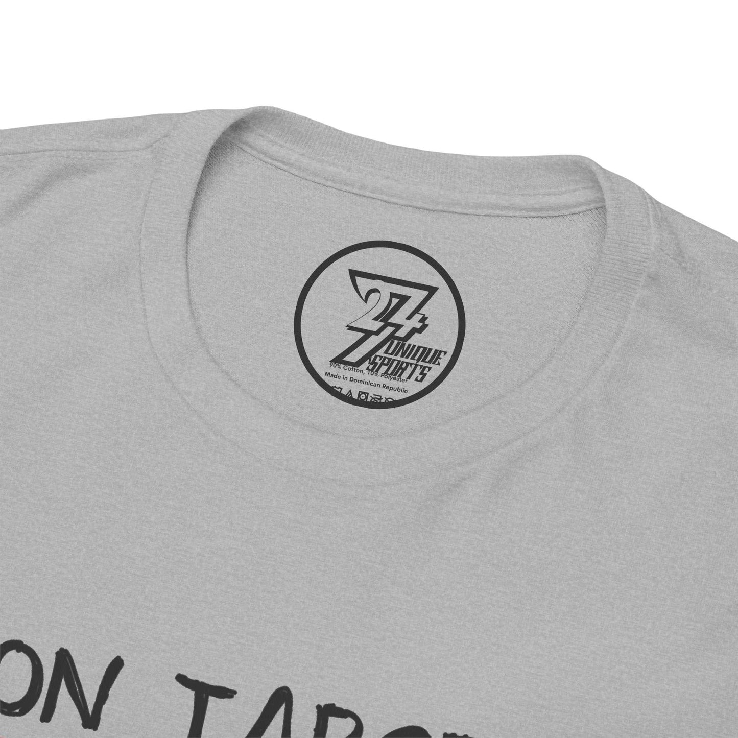 Close-up of the ribbed knit collar on the sport grey fight night shirt, clearly showing the official 24/7 Unique Designs trademark logo inner label branding.