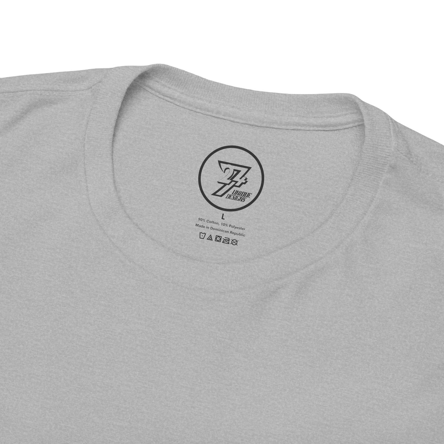 Close-up of the seamless crew neckline on the sport grey fighter lifestyle tee, clearly showing the official 24/7 Unique Designs inner label branding.