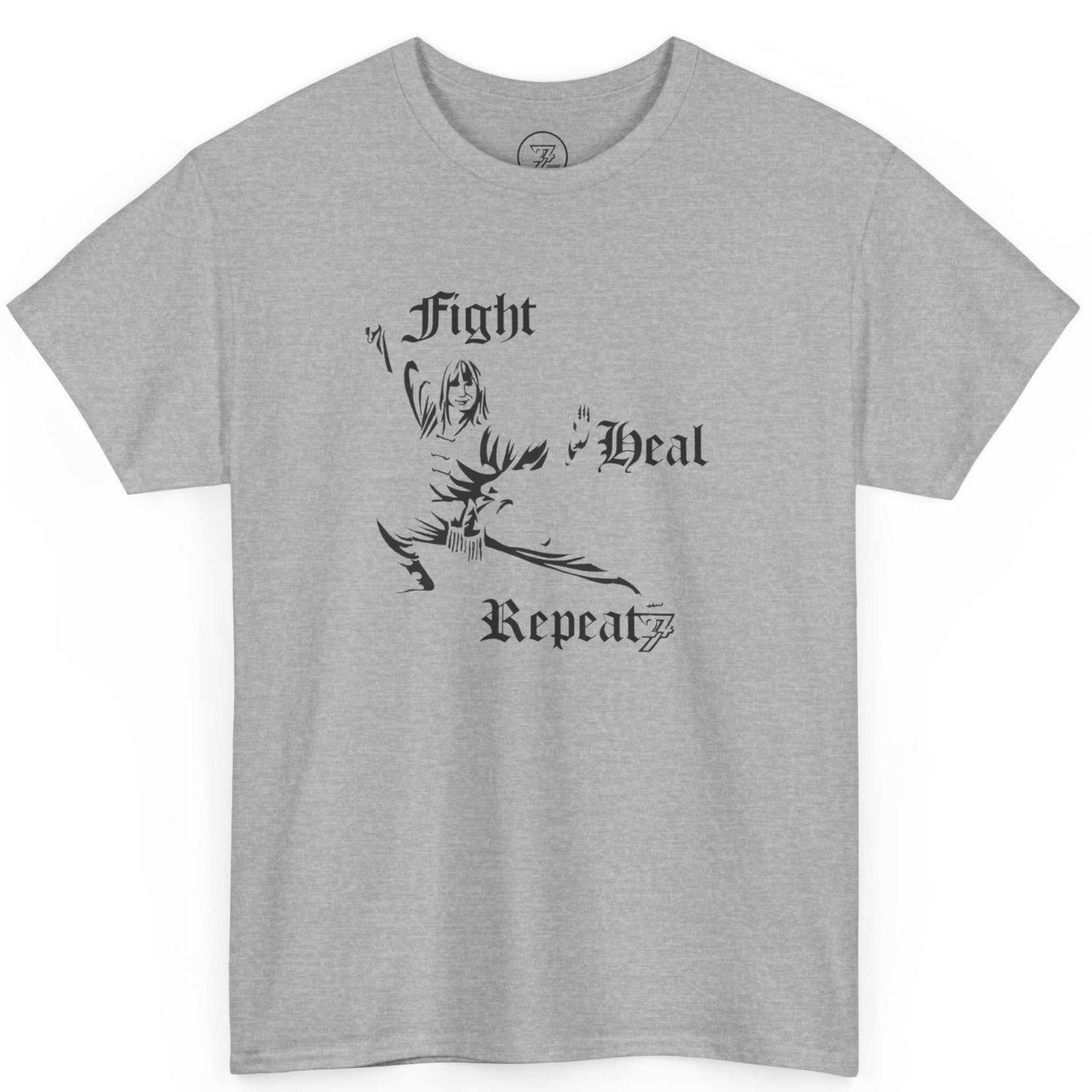 Front view of an athletic sport grey forms champion tee showcasing the vintage Kung Fu graphic, shown on a clean background.
