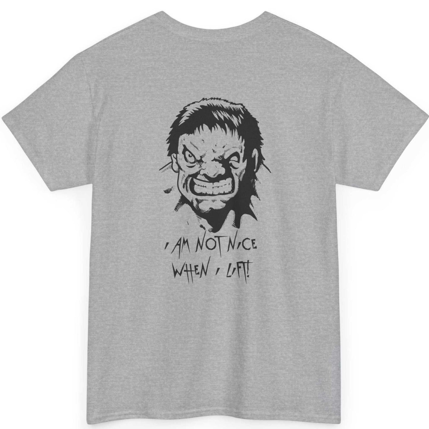 Back view of a sport grey funny bodybuilding graphic tee highlighting the detailed angry lifter illustration.