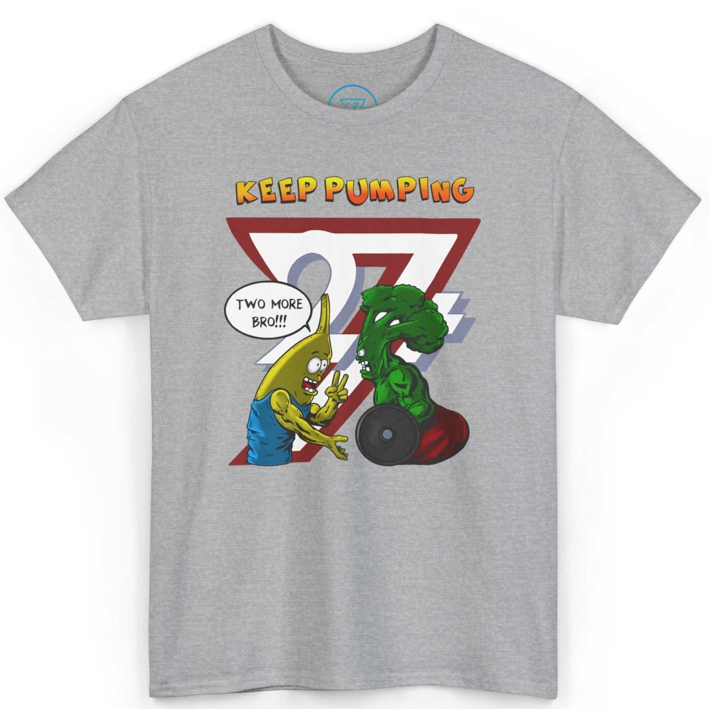 Front view of an athletic sport grey comic style gym tee featuring the dynamic fitness duo, laid flat.