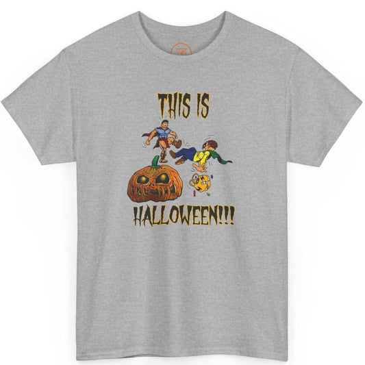 Front view of a sport grey funny Halloween graphic tee featuring the digitally hand-drawn This is Halloween warrior parody art, displayed on a clean background.