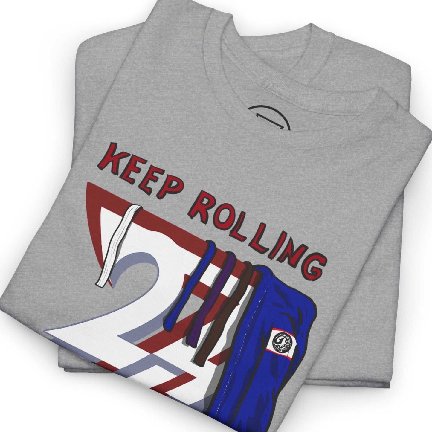 Neatly folded sport grey grappling shirt highlighting the crisp BJJ belt graphic and premium cotton blend fabric, laid flat.
