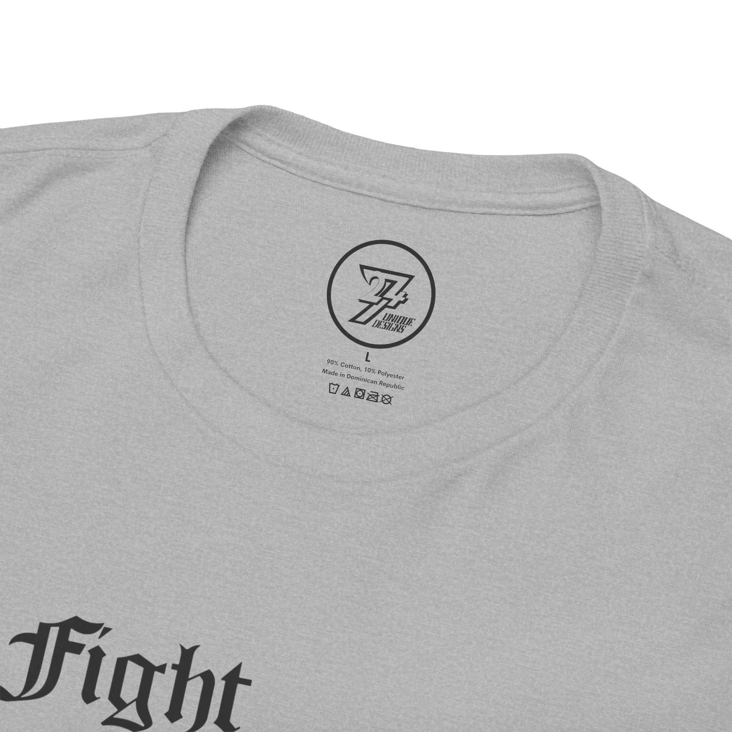 Close-up of the seamless crew neckline on the sport grey martial arts movie apparel tee, clearly showing the official 24/7 Unique Designs inner label branding.
