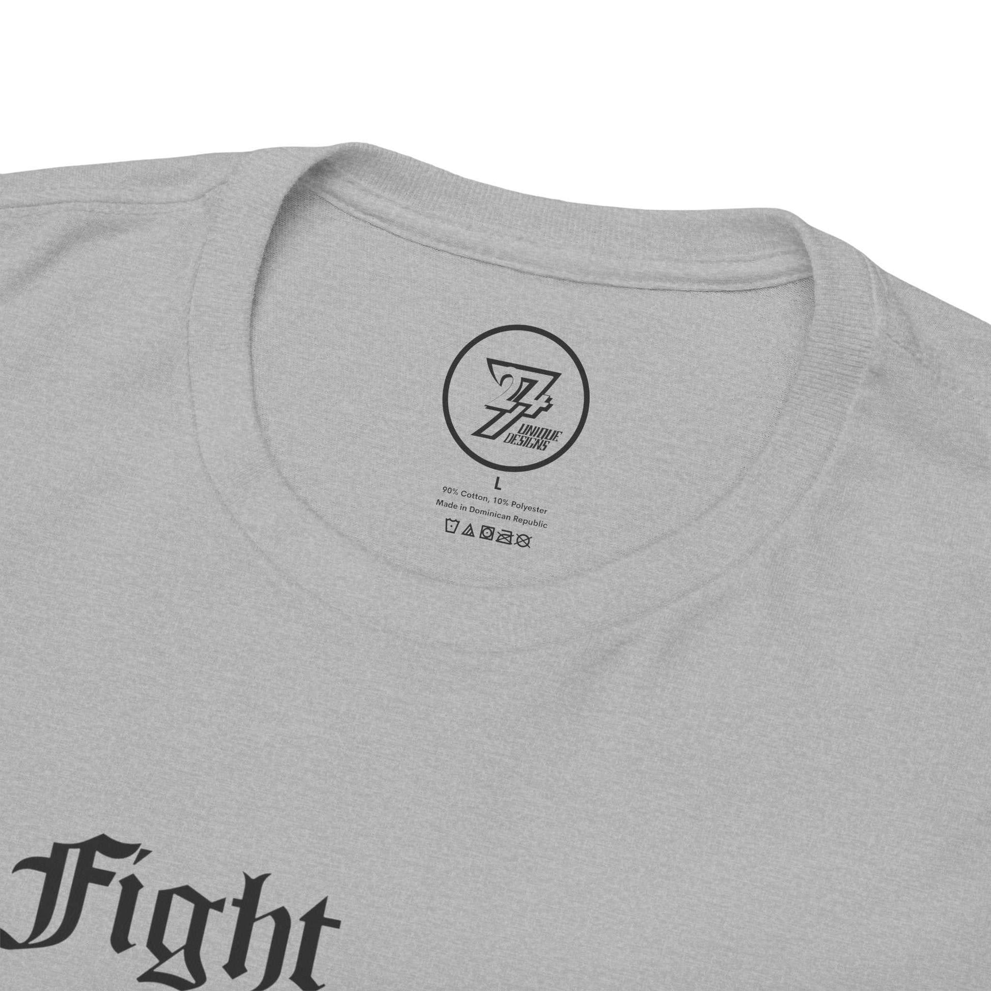 Close-up of the seamless crew neckline on the sport grey martial arts movie apparel tee, clearly showing the official 24/7 Unique Designs inner label branding.