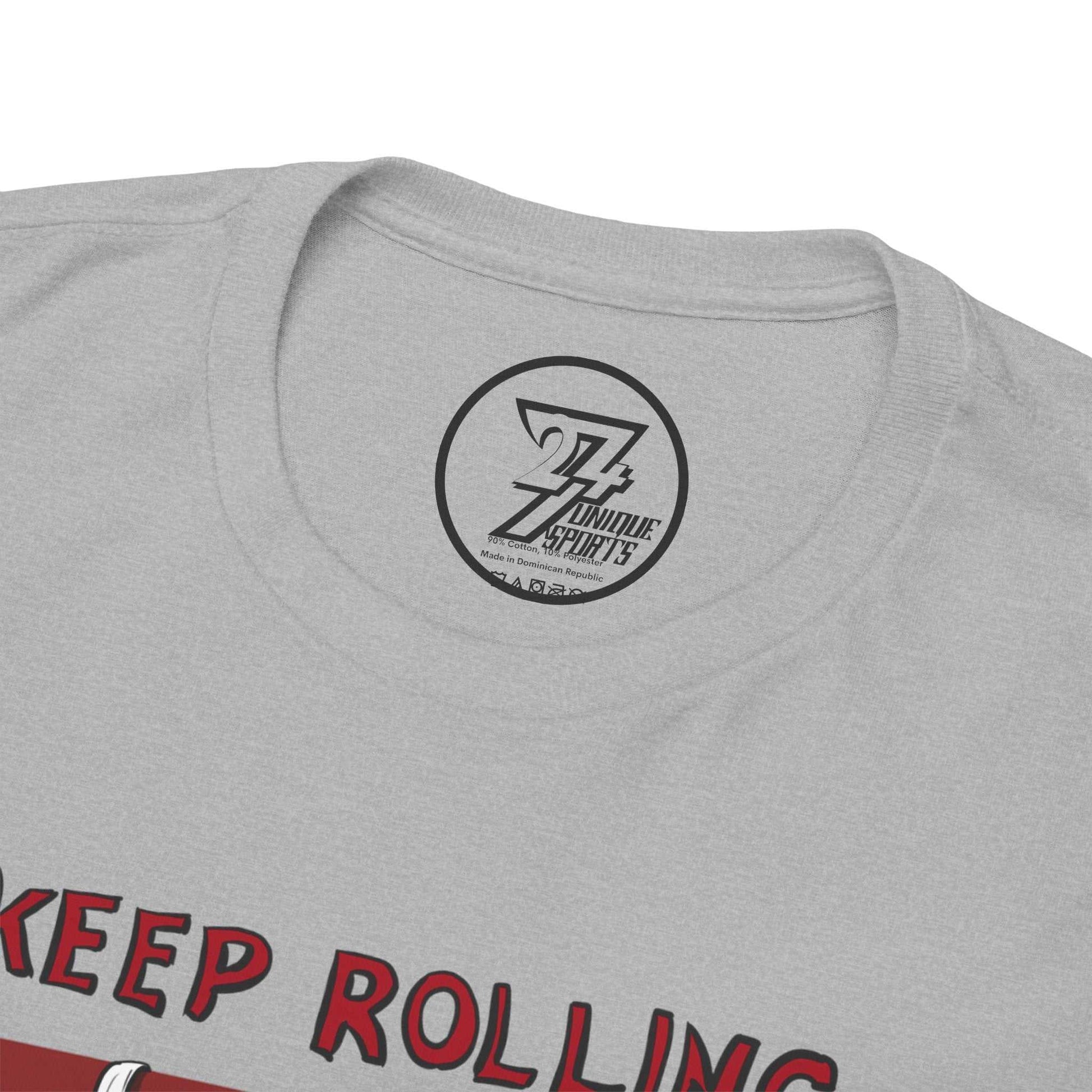 Close-up of the seamless crew neckline on the sport grey martial arts tee, clearly showing the official 24/7 Unique Designs inner label branding.