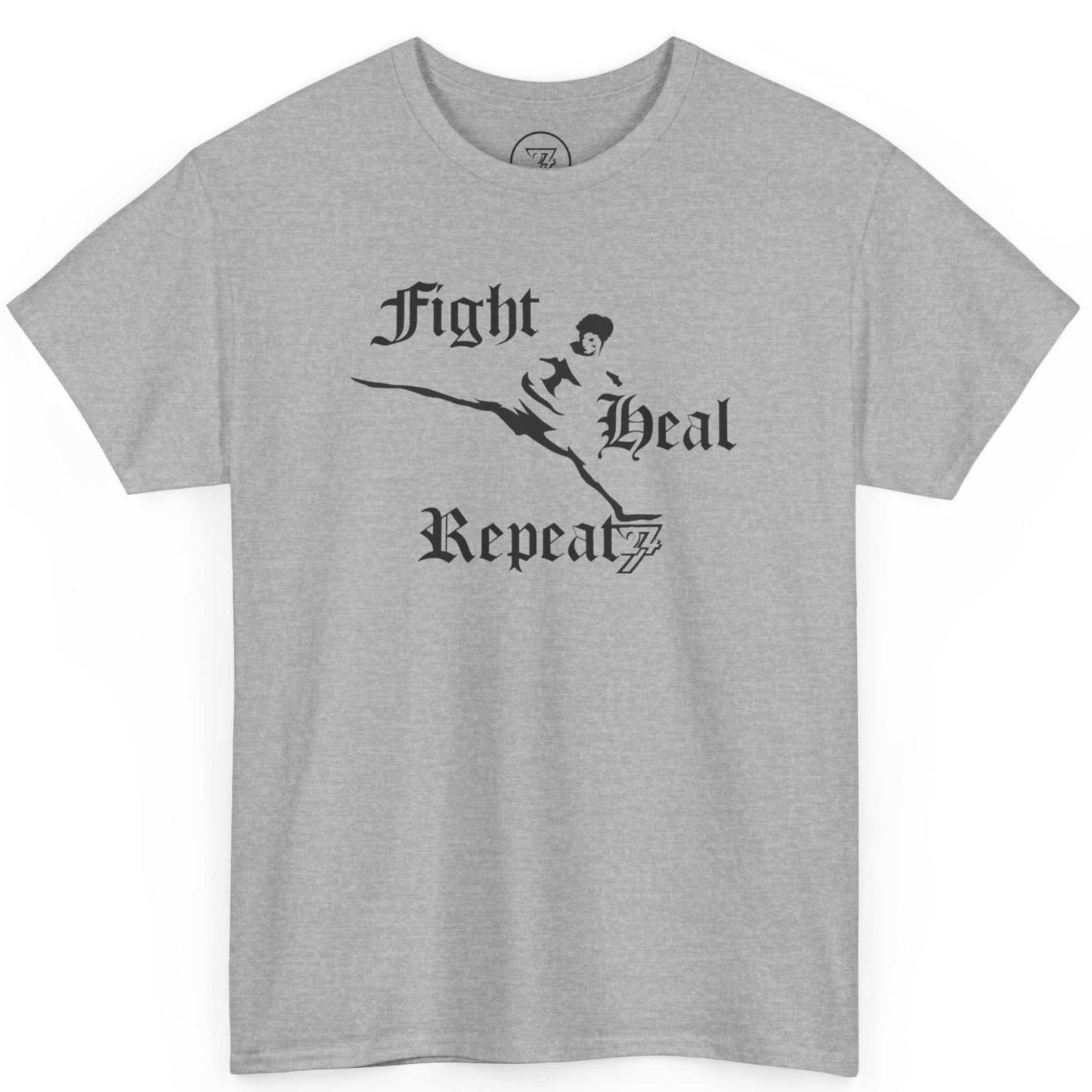 Front view of an athletic sport grey Muay Thai training shirt displaying the black ink warrior graphic, laid flat.