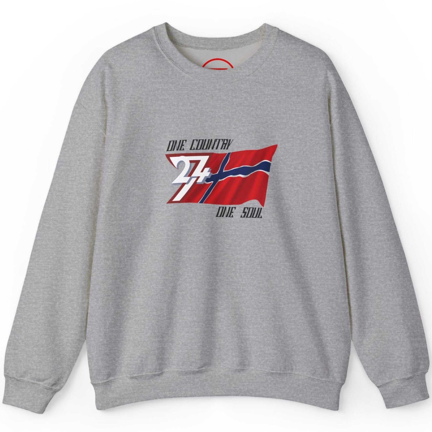 Athletic grey Norway flag crewneck sweatshirt highlighting the high-contrast flag print, laid flat.