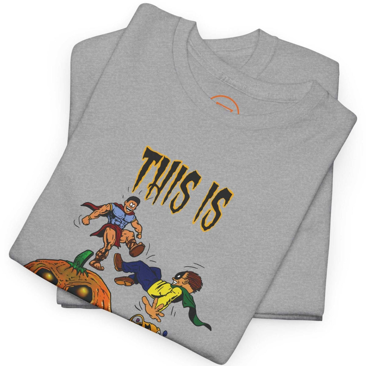Neatly folded sport grey quirky adult Halloween clothing tee highlighting the crisp digital front print and durable fabric, laid flat.