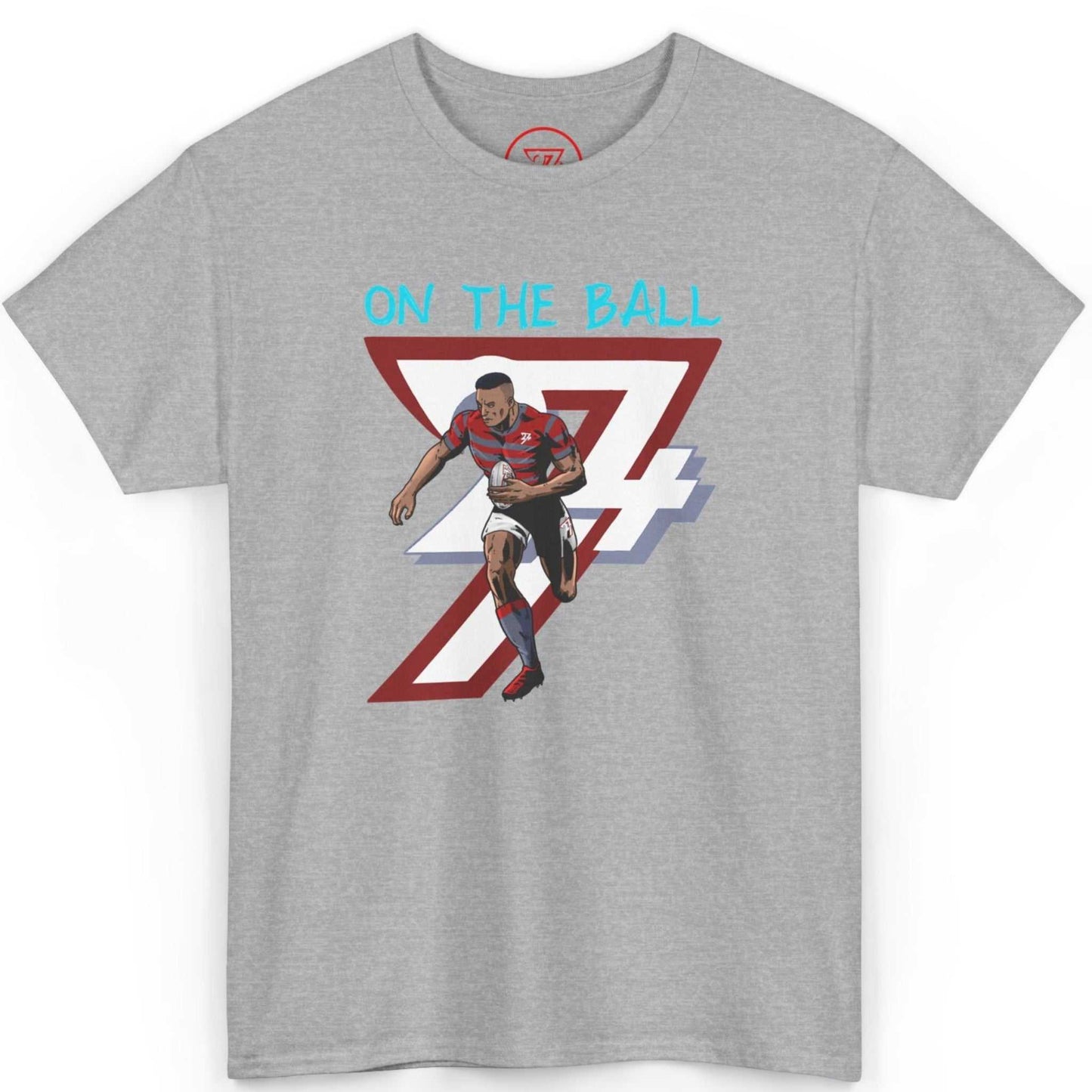Front view of a sport grey cotton blend rugby player gift tee highlighting the dynamic illustration, displayed on a clean background.