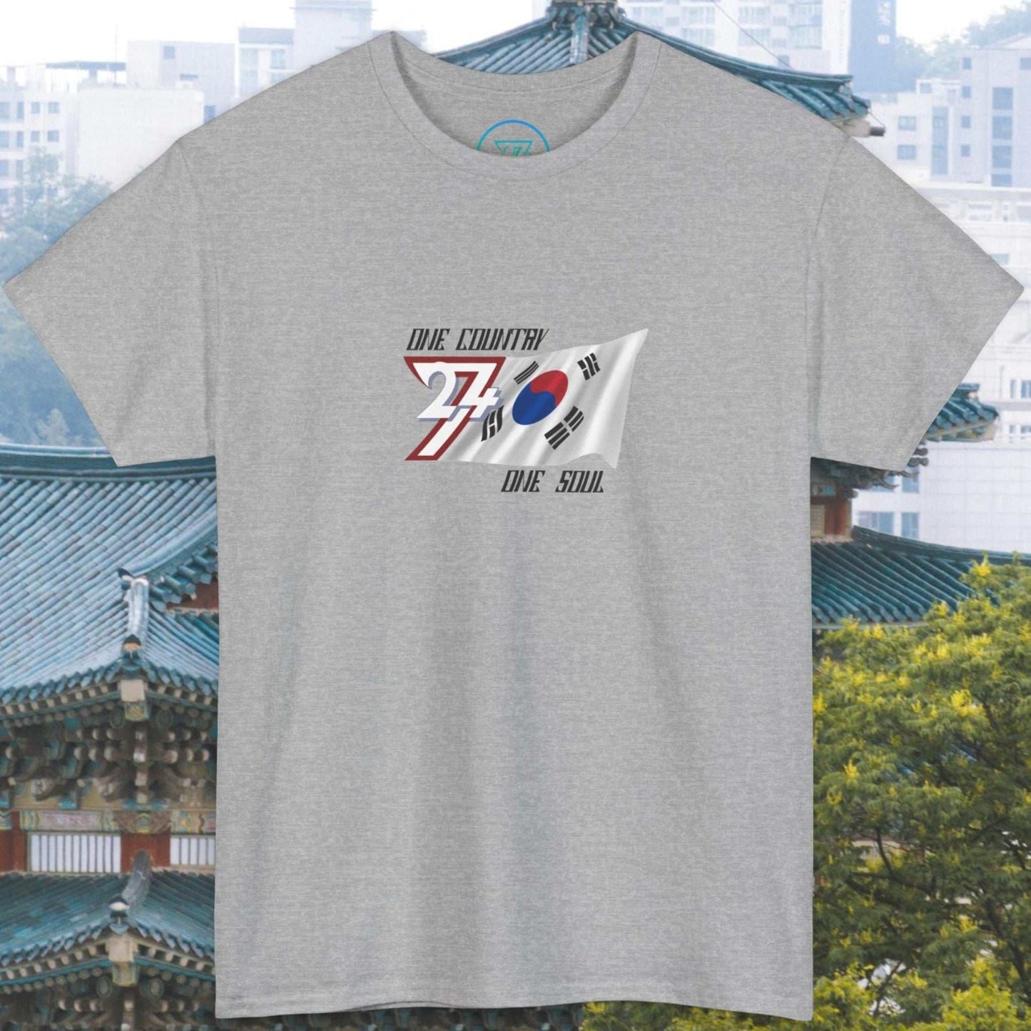 Gray unisex South Korea Flag Graphic Tee featuring a hand-drawn Taegeukgi design with text "One Country One Soul"