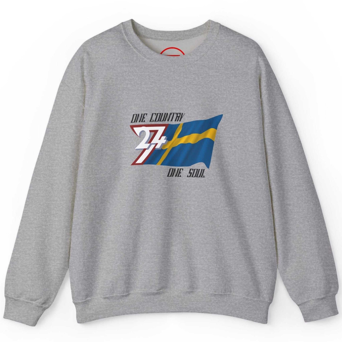 Athletic grey Swedish flag crewneck sweatshirt highlighting the high-contrast graphic print, laid flat.