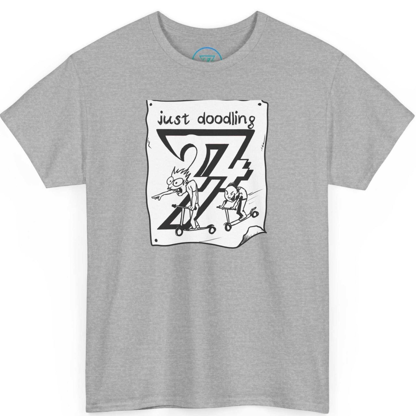 Athletic grey teen graphic tee highlighting the monochrome cartoon character design, laid flat.