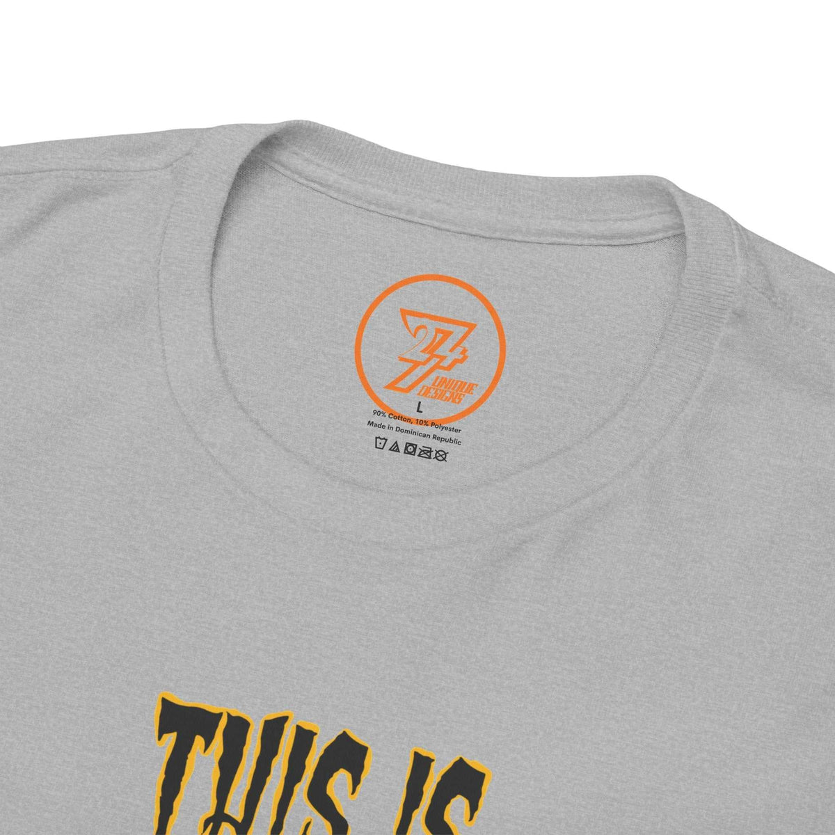 Close-up of the ribbed knit collar on the sport grey trick or treat cartoon tee, clearly showing the official 24/7 Unique Designs trademark logo inner label branding.