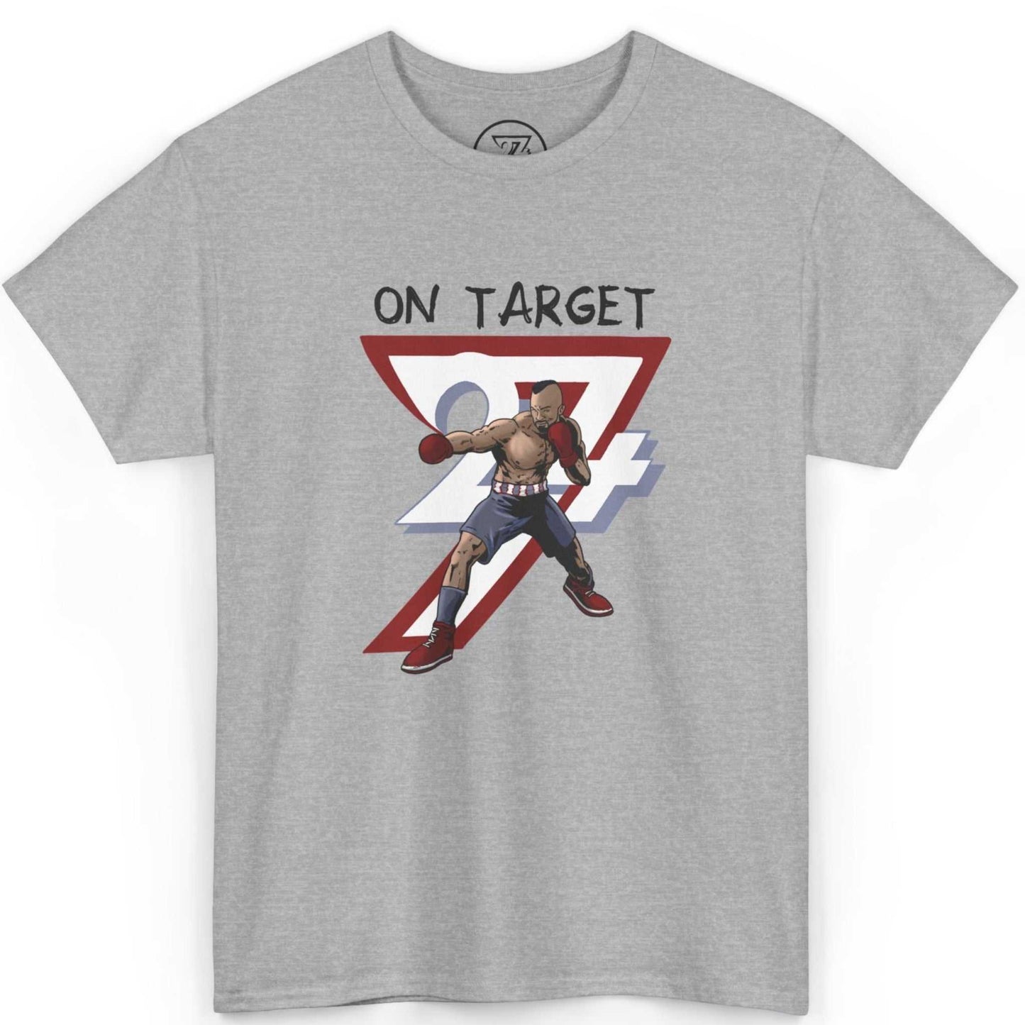 Front view of a sport grey vintage boxing graphic tee featuring the hand-drawn comic-style boxer art, displayed on a clean background.