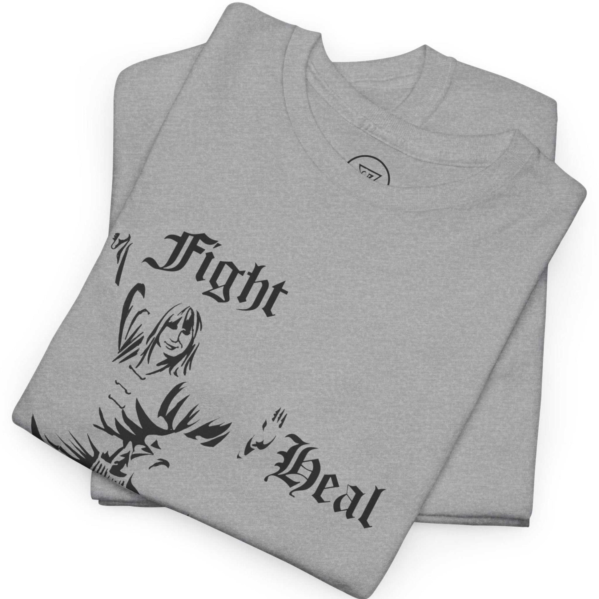 Neatly folded sport grey vintage Kung Fu t-shirt highlighting the crisp black ink graphic and premium cotton fabric, laid flat.