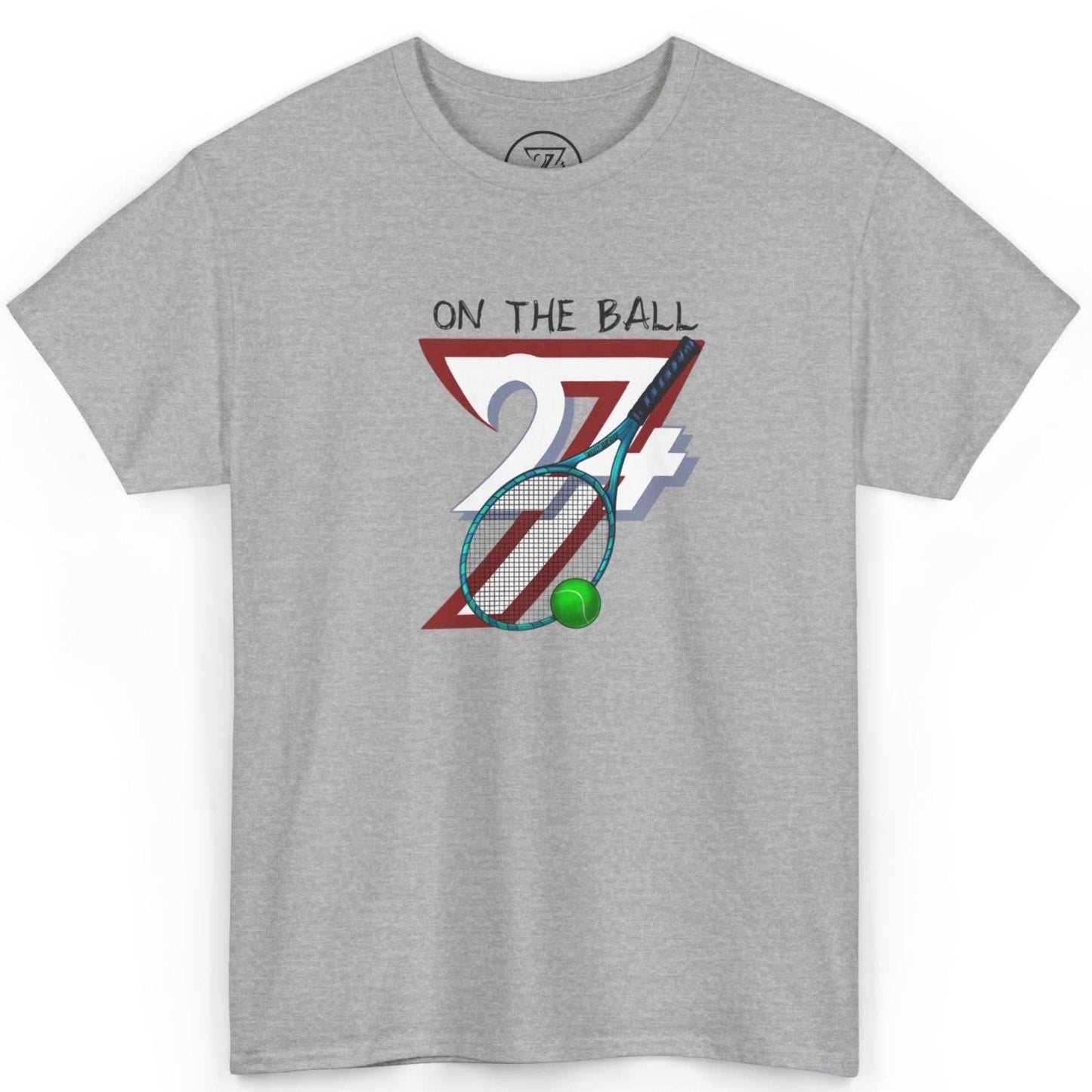 Front view of a sport grey cotton blend vintage tennis graphic tee displaying the authentic 90s retro sports illustration, shown on a clean background.