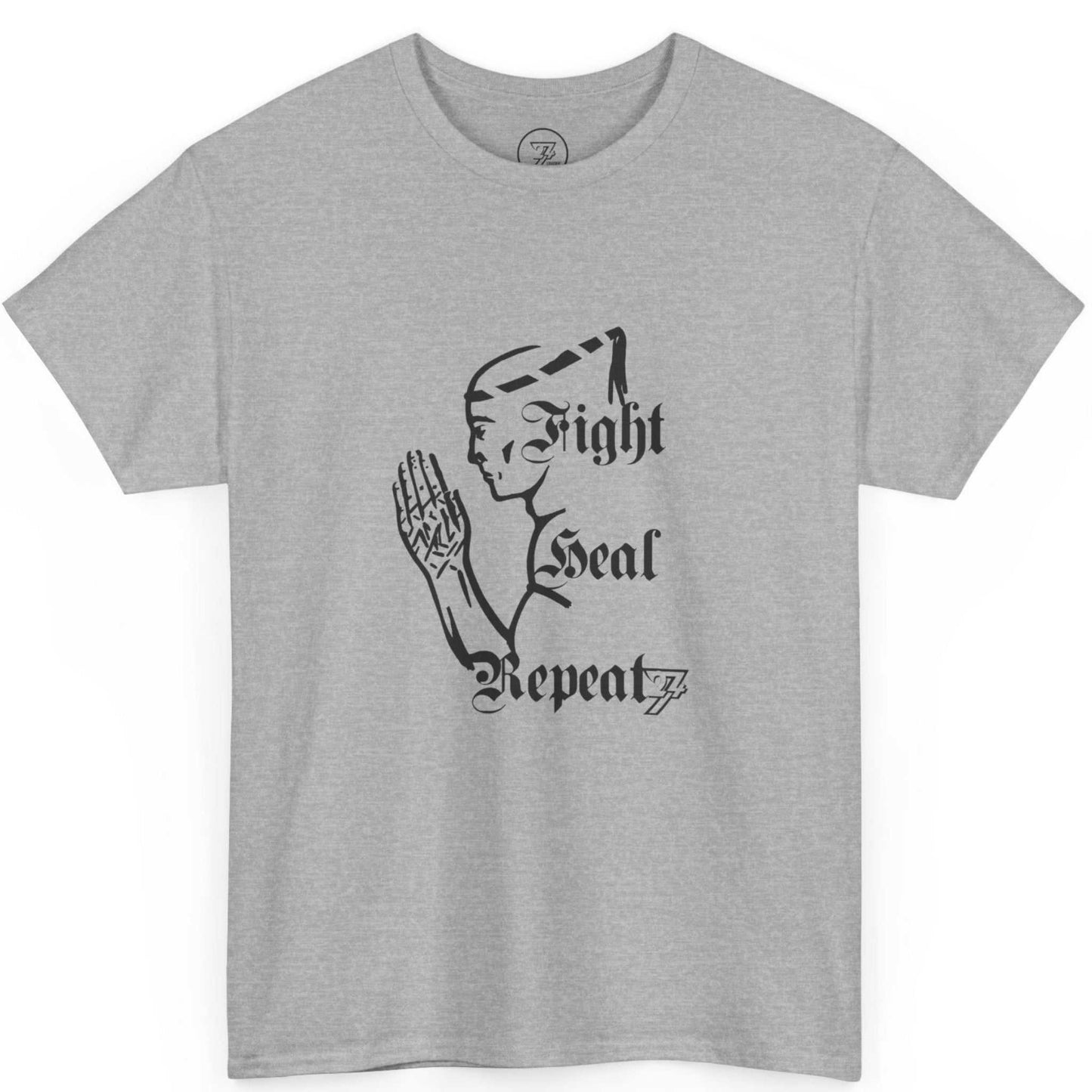 Front view of an athletic sport grey Wai Kru graphic tee highlighting the traditional martial arts silhouette, shown on a clean background.