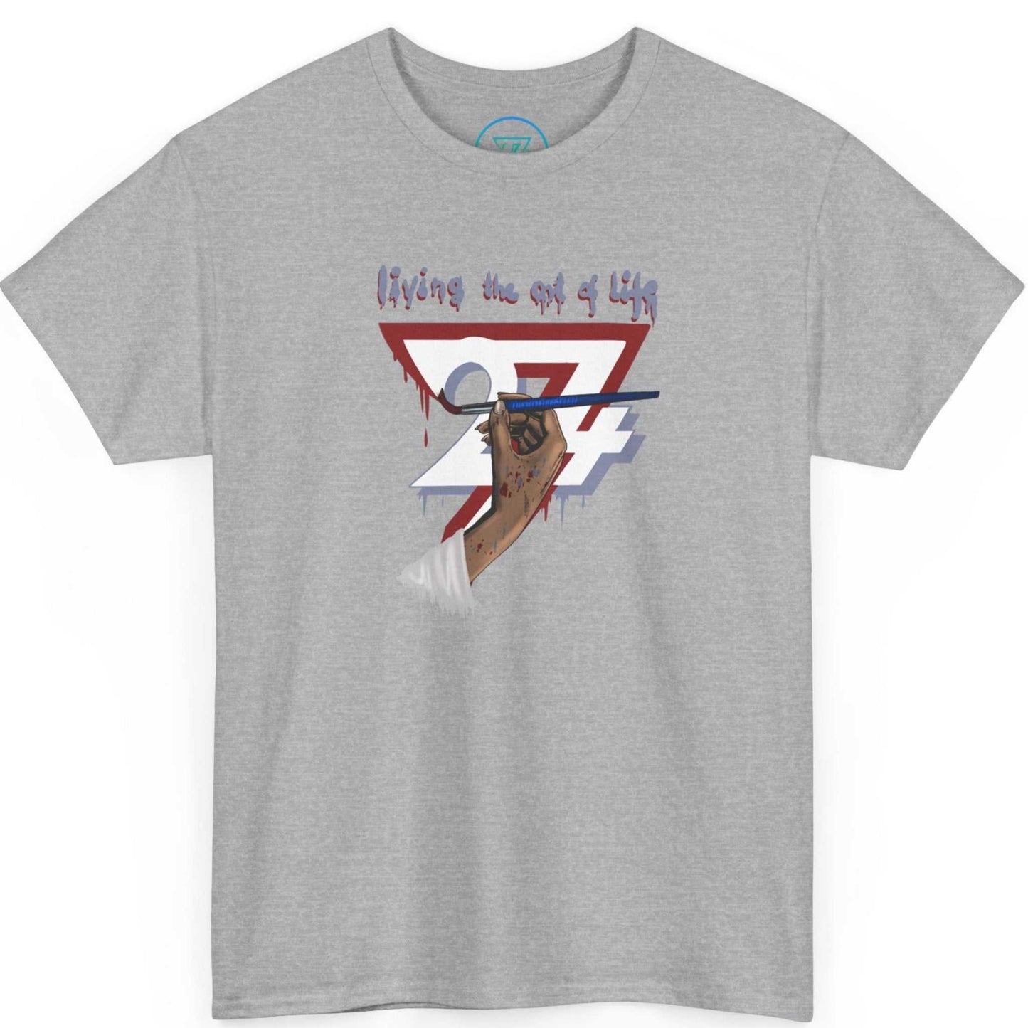 Athletic grey women's art clothing highlighting the paintbrush and 24/7 logo, laid flat.