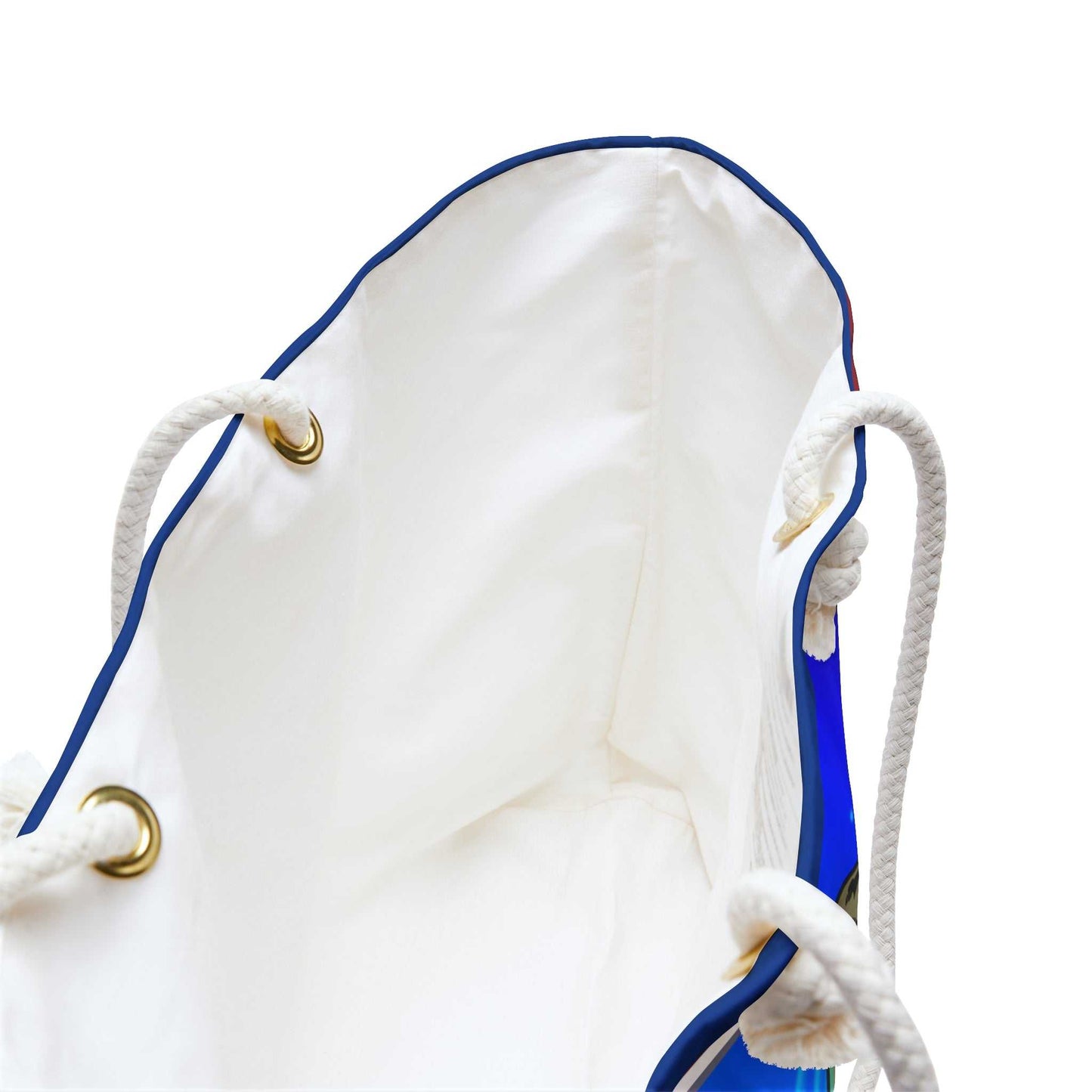 Top-down interior view of the spun polyester weekend bag, highlighting the elegant cream sheeting lining, spacious interior, and durable gold grommets securing the thick rope handles.