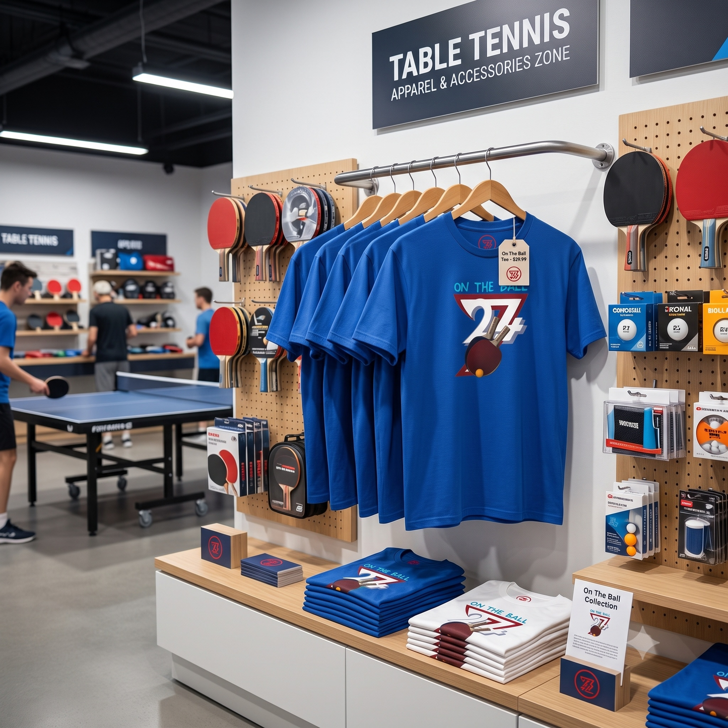 Retail display inside a modern sports store showing royal blue and white 90s table tennis graphic tees hanging and folded on a wooden shelf alongside ping pong paddles.