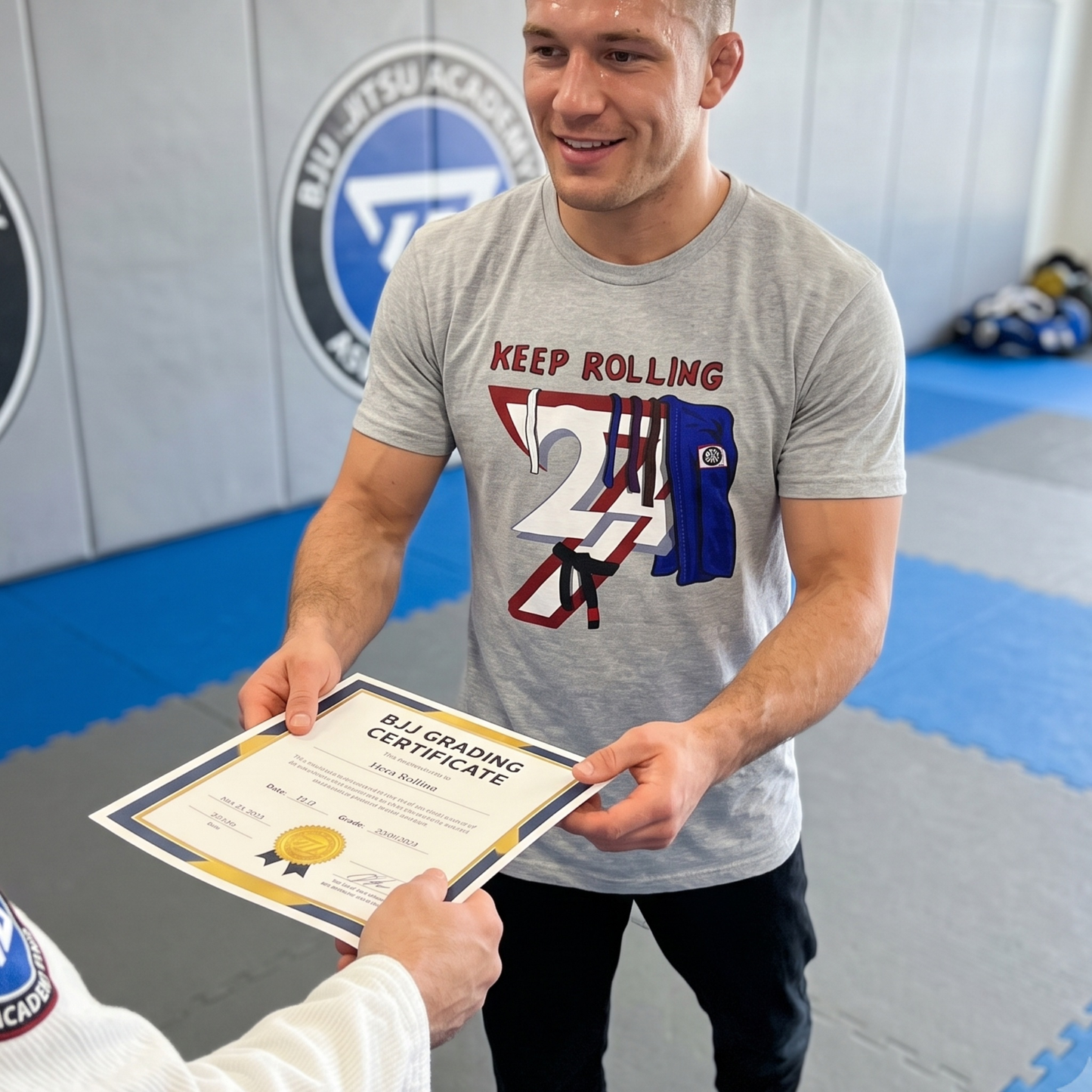 Smiling male martial artist standing on the gym mats wearing the sport grey Keep Rolling tee, proudly receiving a BJJ grading certificate from his instructor.