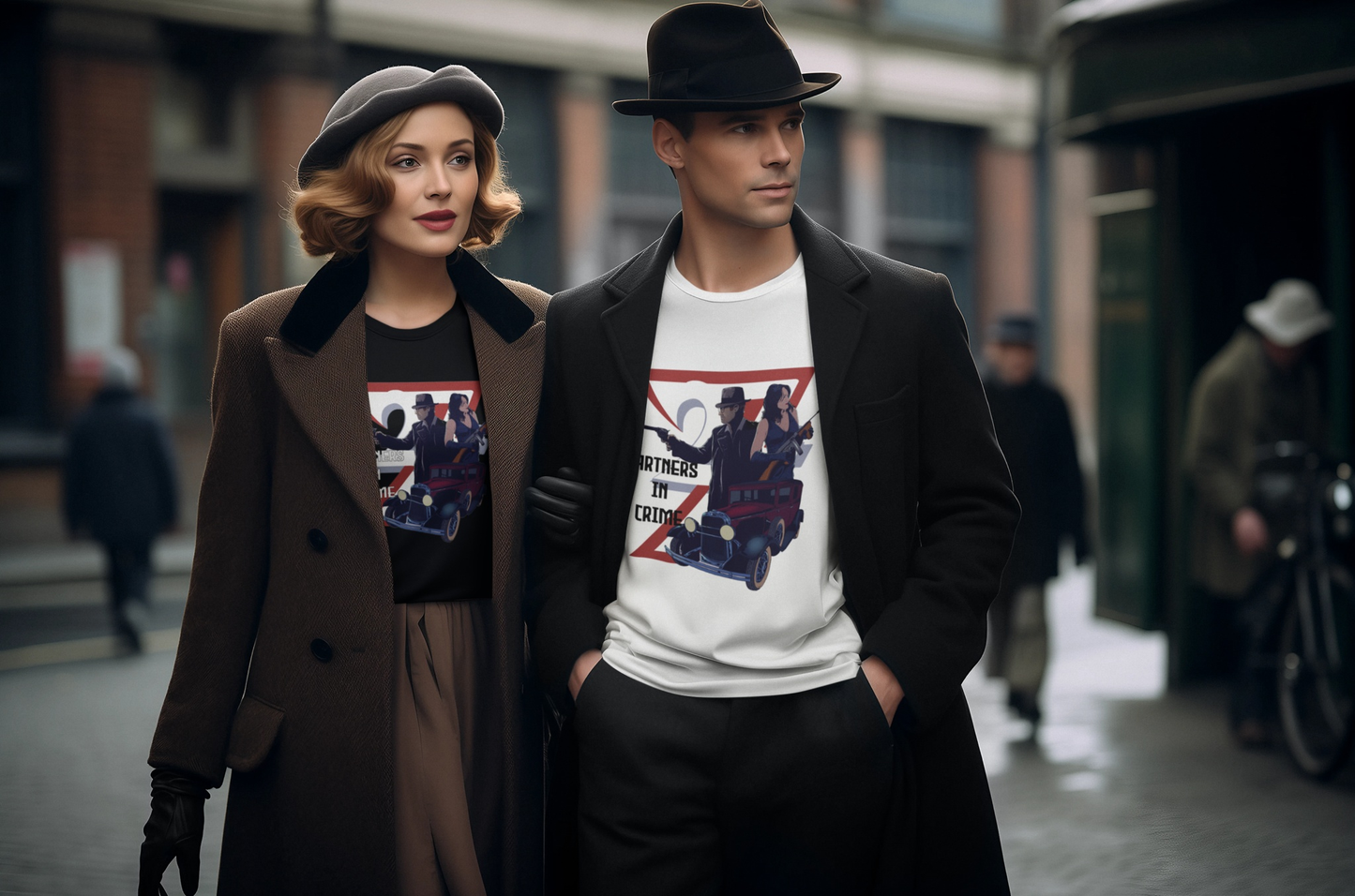 A stylish couple wearing the matching black and white partners in crime couples shirts under heavy winter coats, walking together down a classic city street.