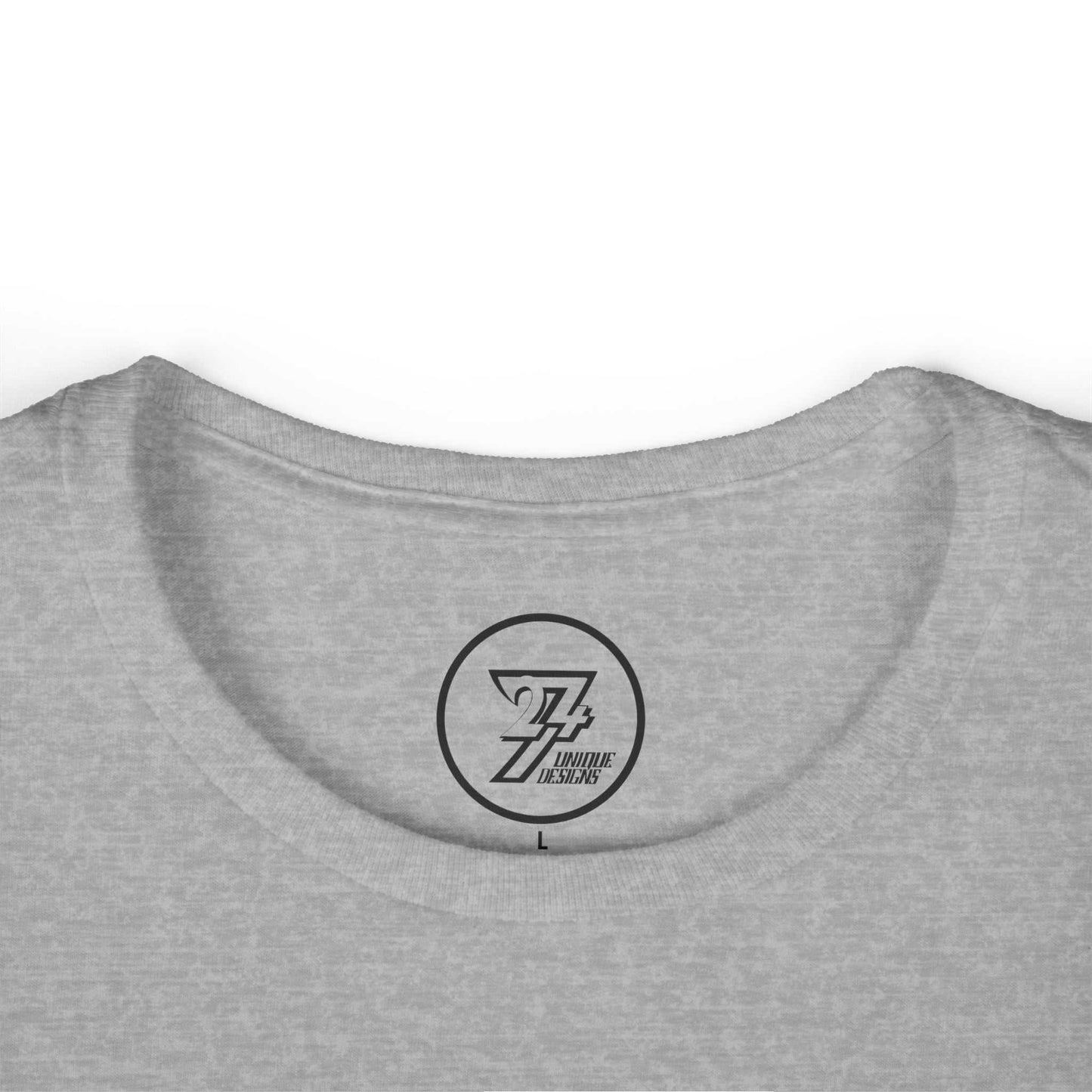 Close up of the tagless printed inner collar showing the 24/7 unique designs trademark.