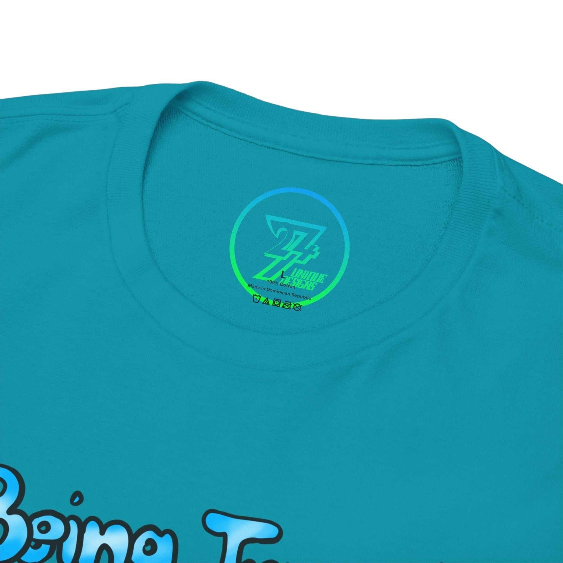 Close-up of the shape-retaining ribbed crew neckline on the teal beer drinker gag gift shirt, highlighting the seamless tubular construction.
