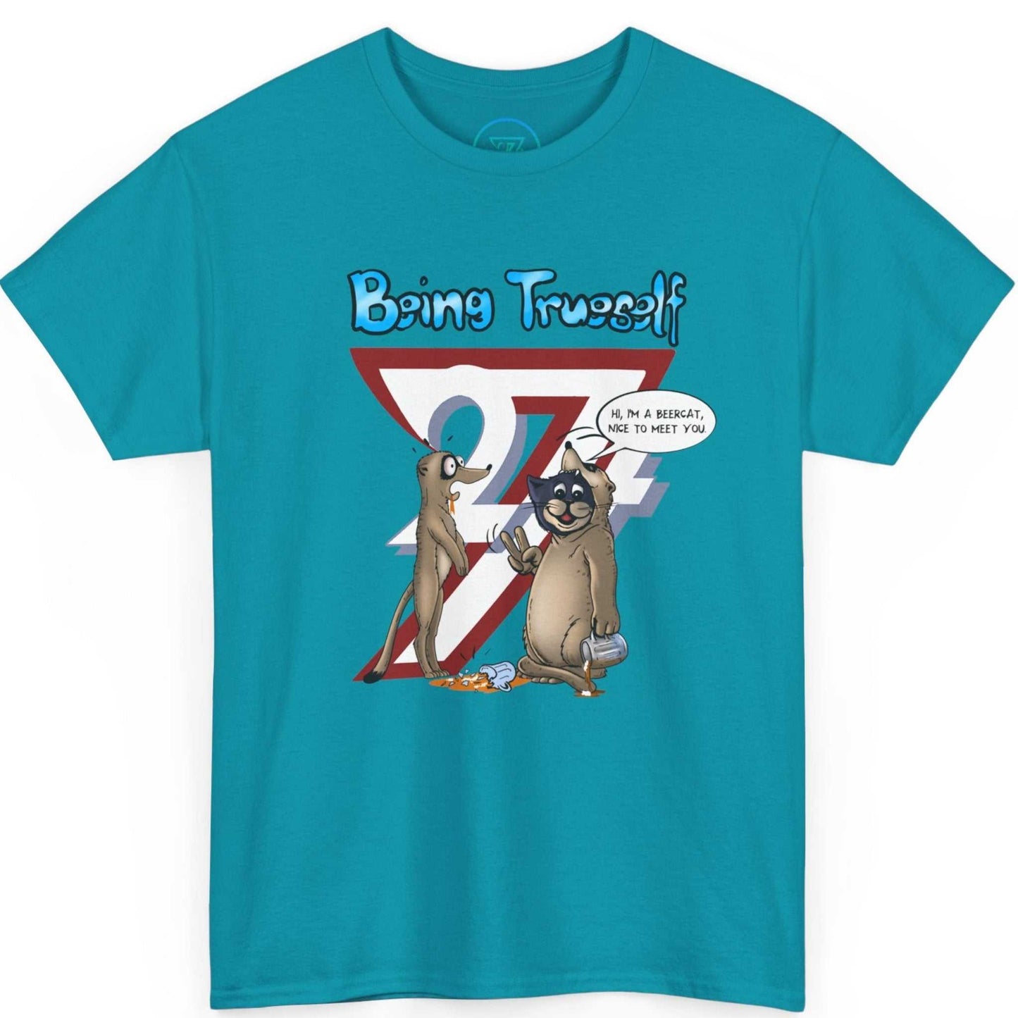 Teal beer drinker gag gift shirt featuring the hand-drawn spilled drink detail, shown on a clean background.