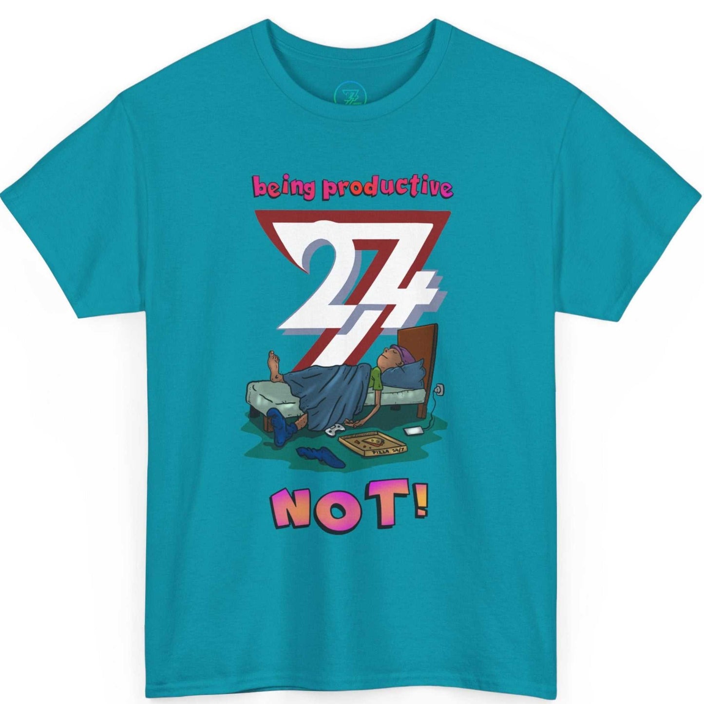 Teal comfortable lazy t-shirt highlighting the humorous 'Being Productive Not' message, laid flat.
