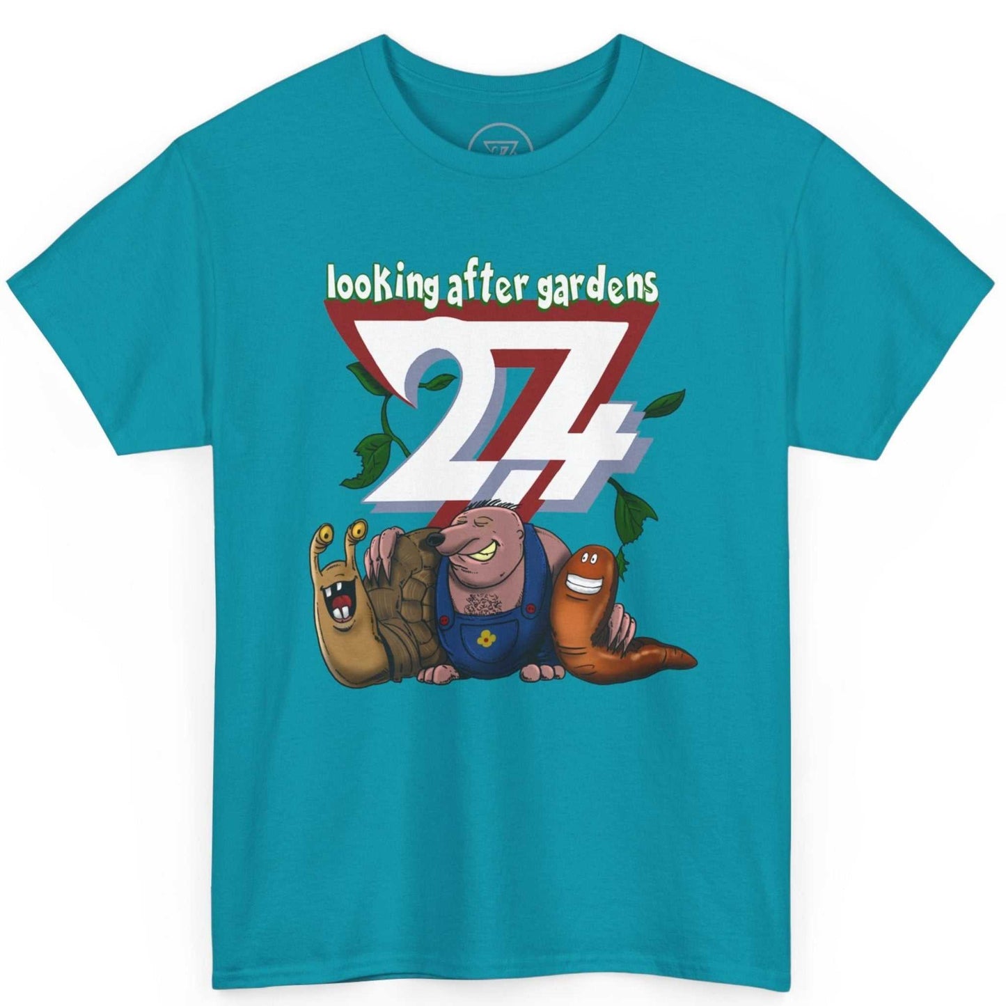 Teal cute gardener gift tee highlighting the vibrant 24/7 backdrop, displayed on a clean background.