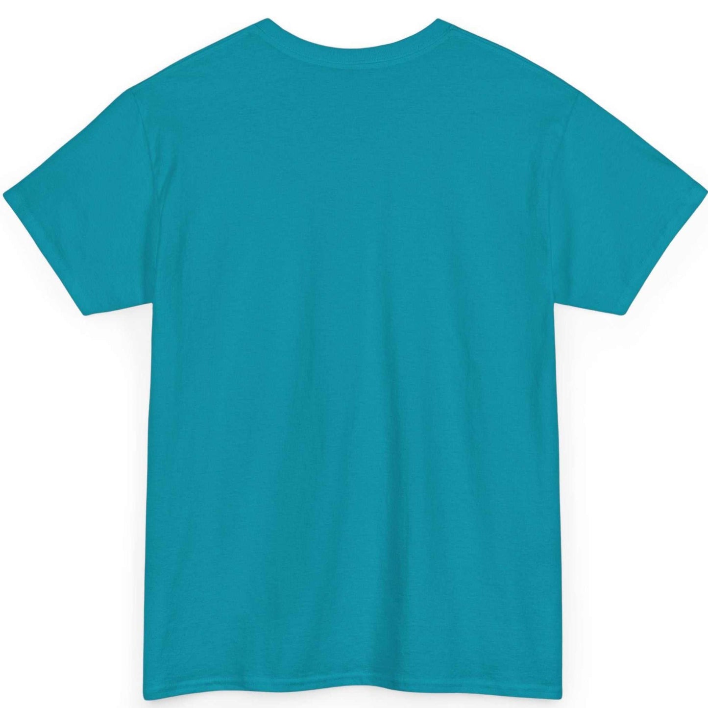 Back view of the teal seamless tubular funny pun t-shirt, displayed on a clean background.