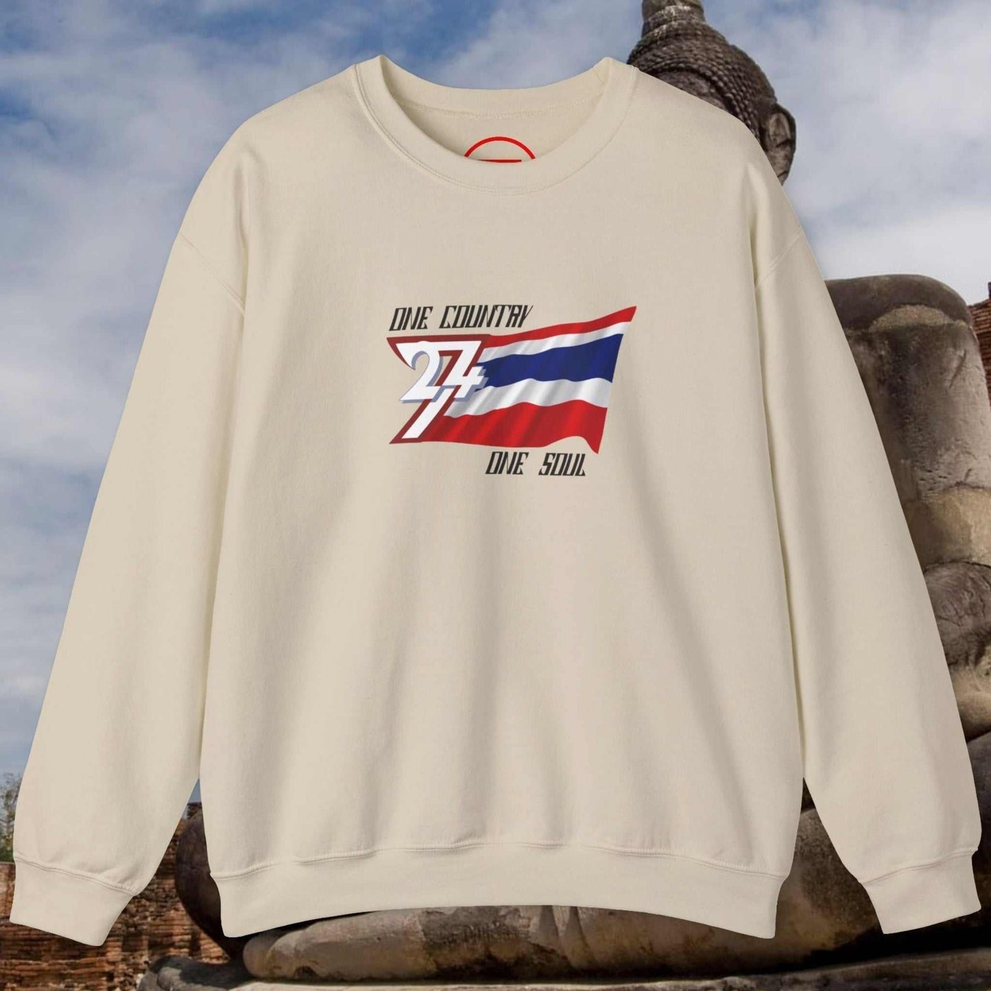 Thailand Flag Sweatshirt cream crewneck with vibrant Thai pride design in historic outdoor setting