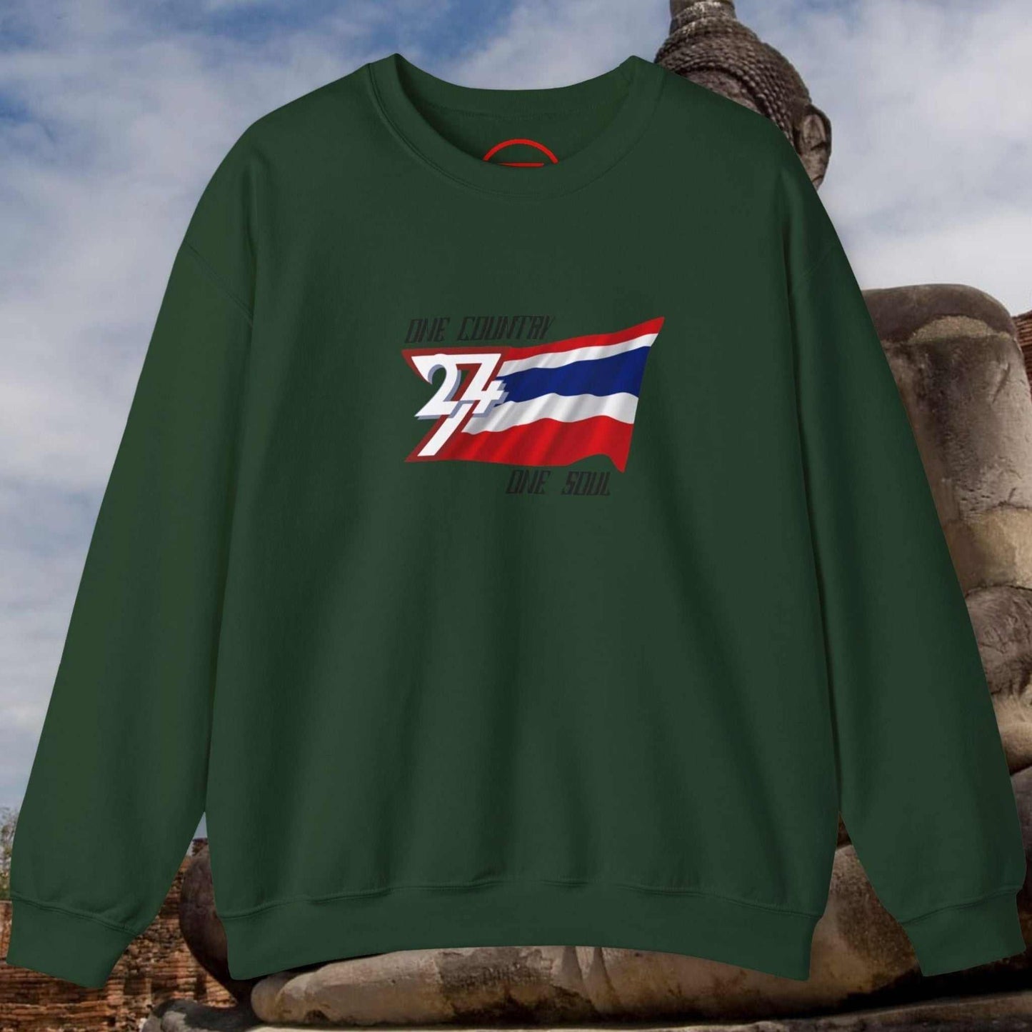 Green Thailand Flag Sweatshirt with vibrant hand-drawn Thai flag design on chest, durable cotton-poly blend crewneck, perfect for Thai pride and casual wear