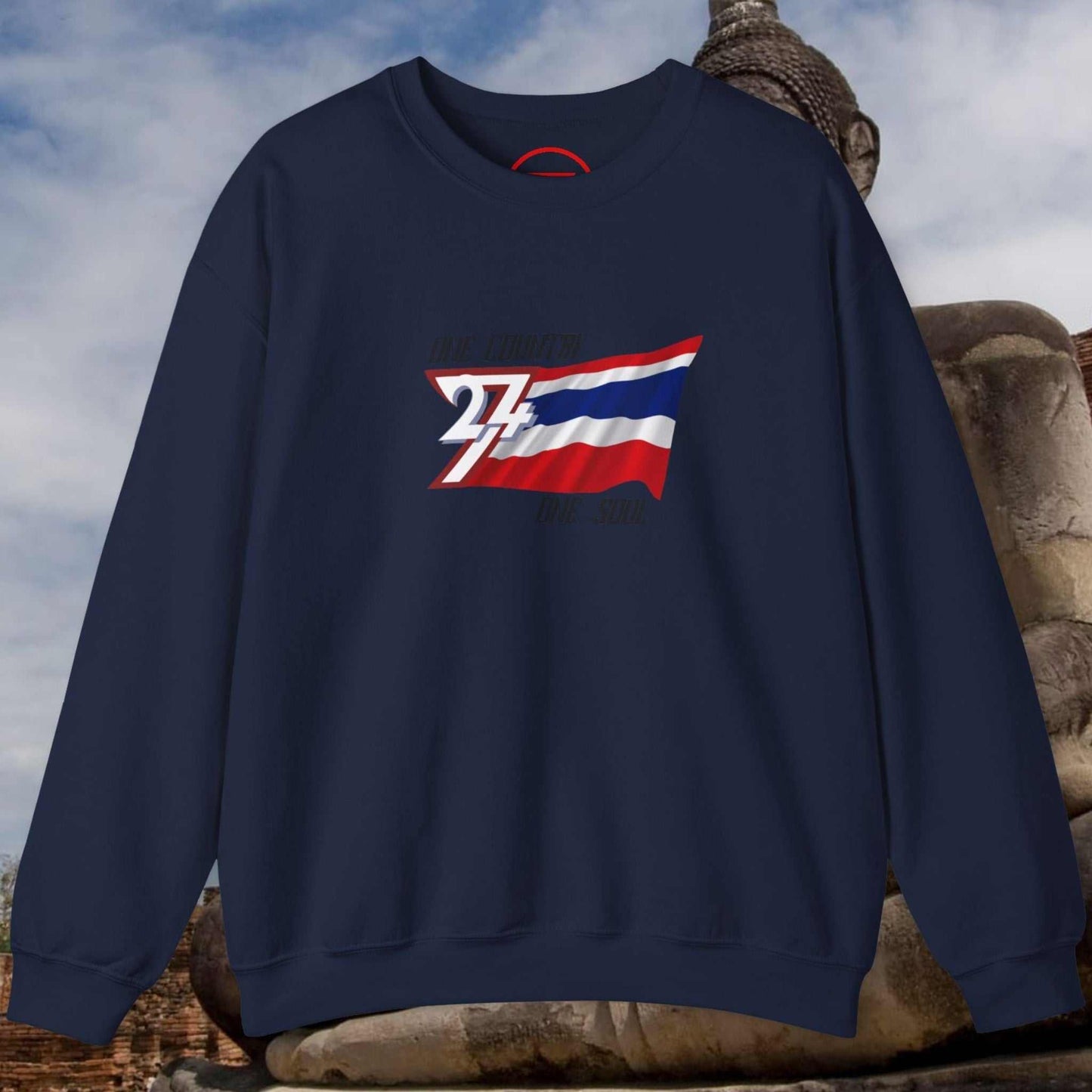 Navy blue Thailand flag sweatshirt with vibrant, hand-drawn Thai pride design, midweight cotton-poly blend crewneck, durable stitching, and crisp details.