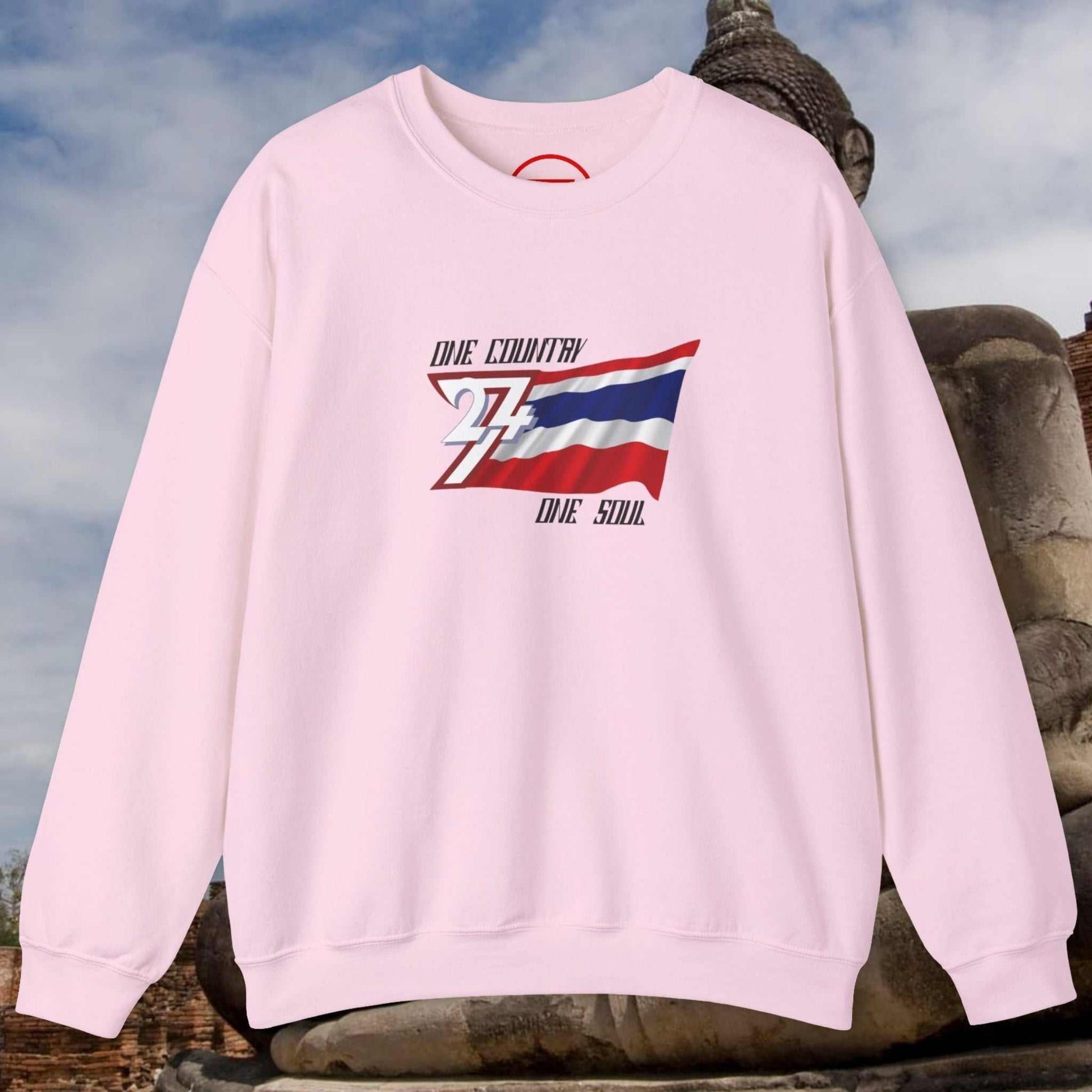 Pink crewneck sweatshirt with hand-drawn Thailand flag and "One Country One Soul" text, midweight cotton-poly blend