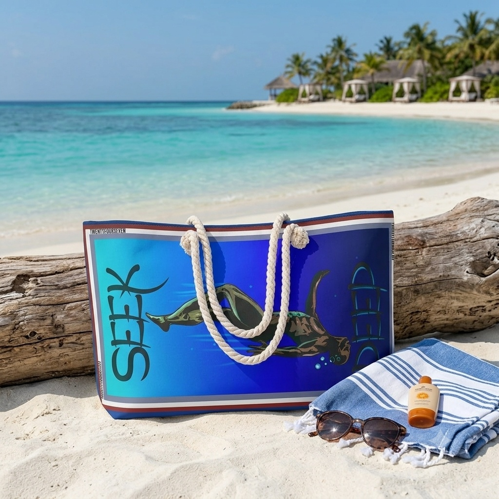 The vibrant blue Seek Deep oversized travel tote resting against driftwood on a tropical white sand beach, packed next to a striped towel and sunglasses for the perfect summer getaway.