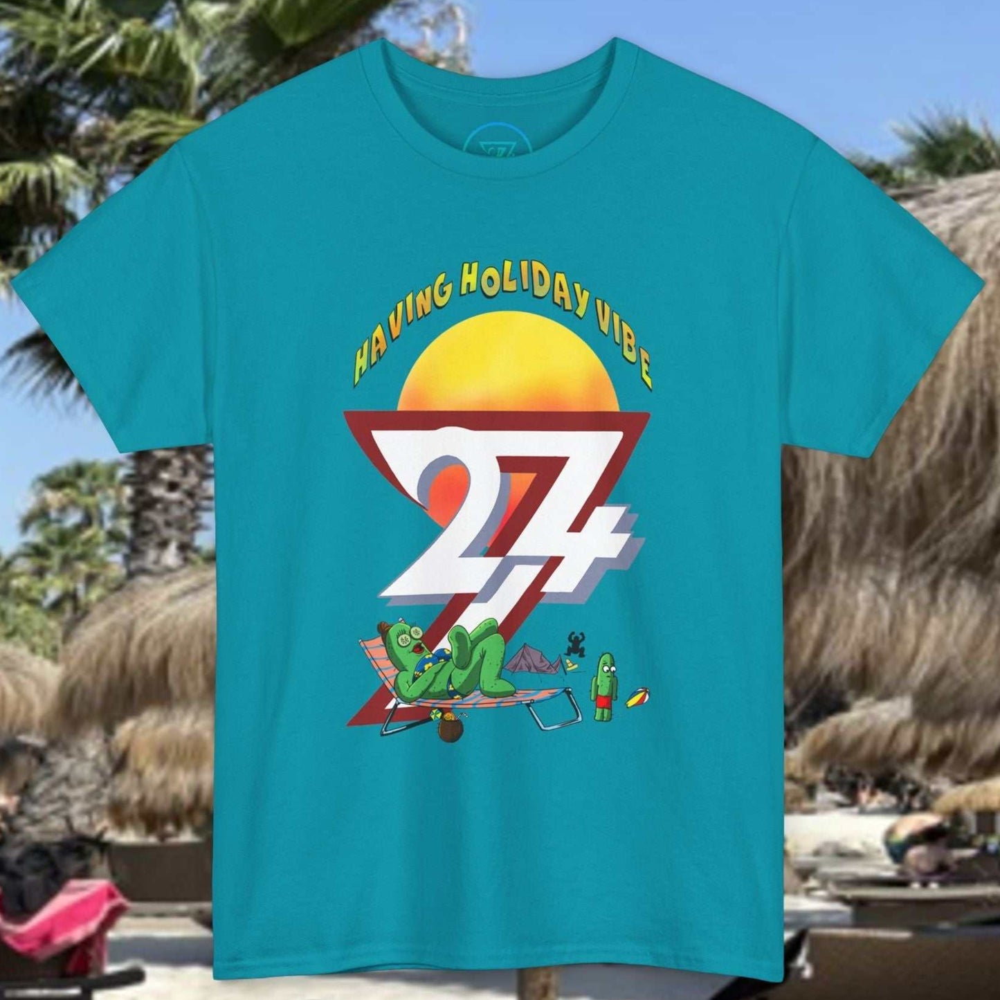 Tropical blue novelty summer shirt featuring a cactus mom sipping a drink next to a ruined tent.