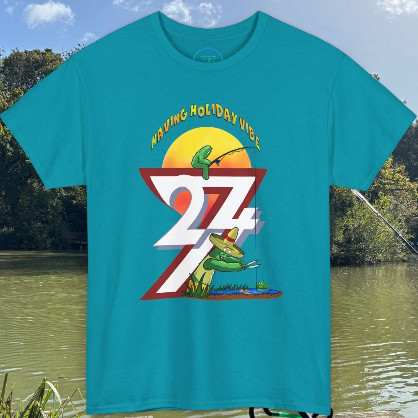 Tropical blue cartoon graphic tee showing a small cactus fishing off a logo while a frog watches.