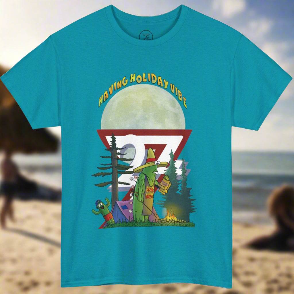Tropical blue bright graphic tee featuring a cactus family campfire scene with ironic Having Holiday Vibe text.