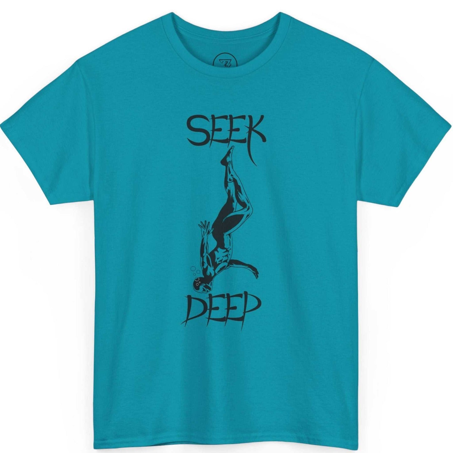 Vibrant tropical blue ocean graphic shirt featuring the original indie art, shown on a clean background.