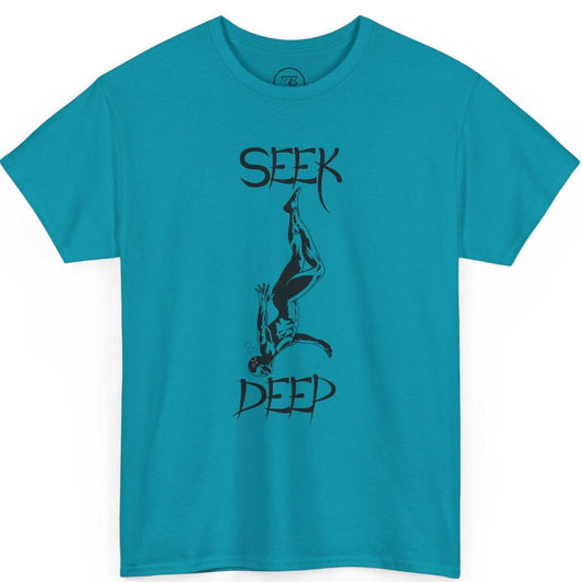 Vibrant tropical blue ocean graphic shirt featuring the original indie art, shown on a clean background.